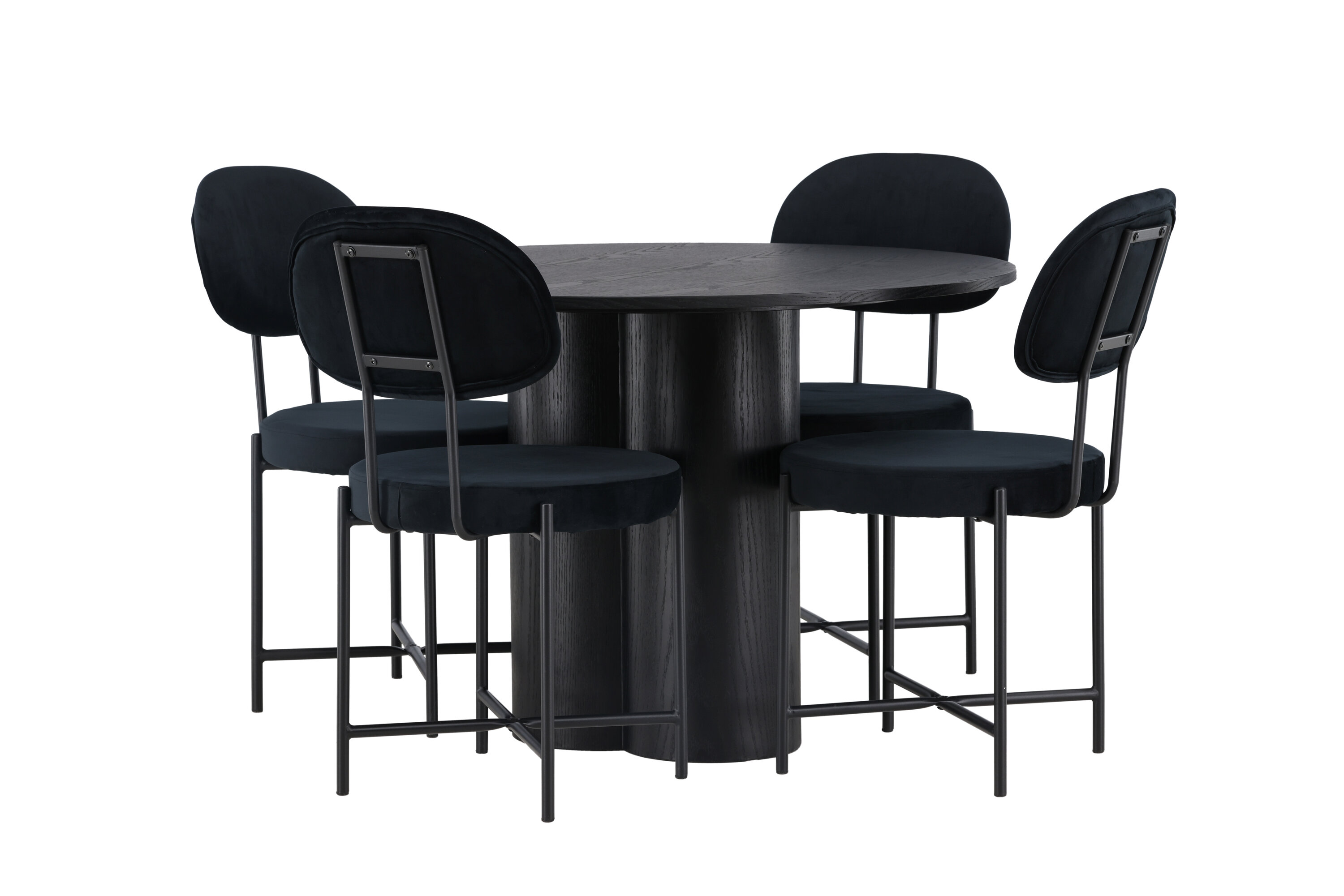 Olivia, Stella ensemble repas rond noir Table : ⌀110 Chaise : 60 x 89 x 50 cm sur fond clair