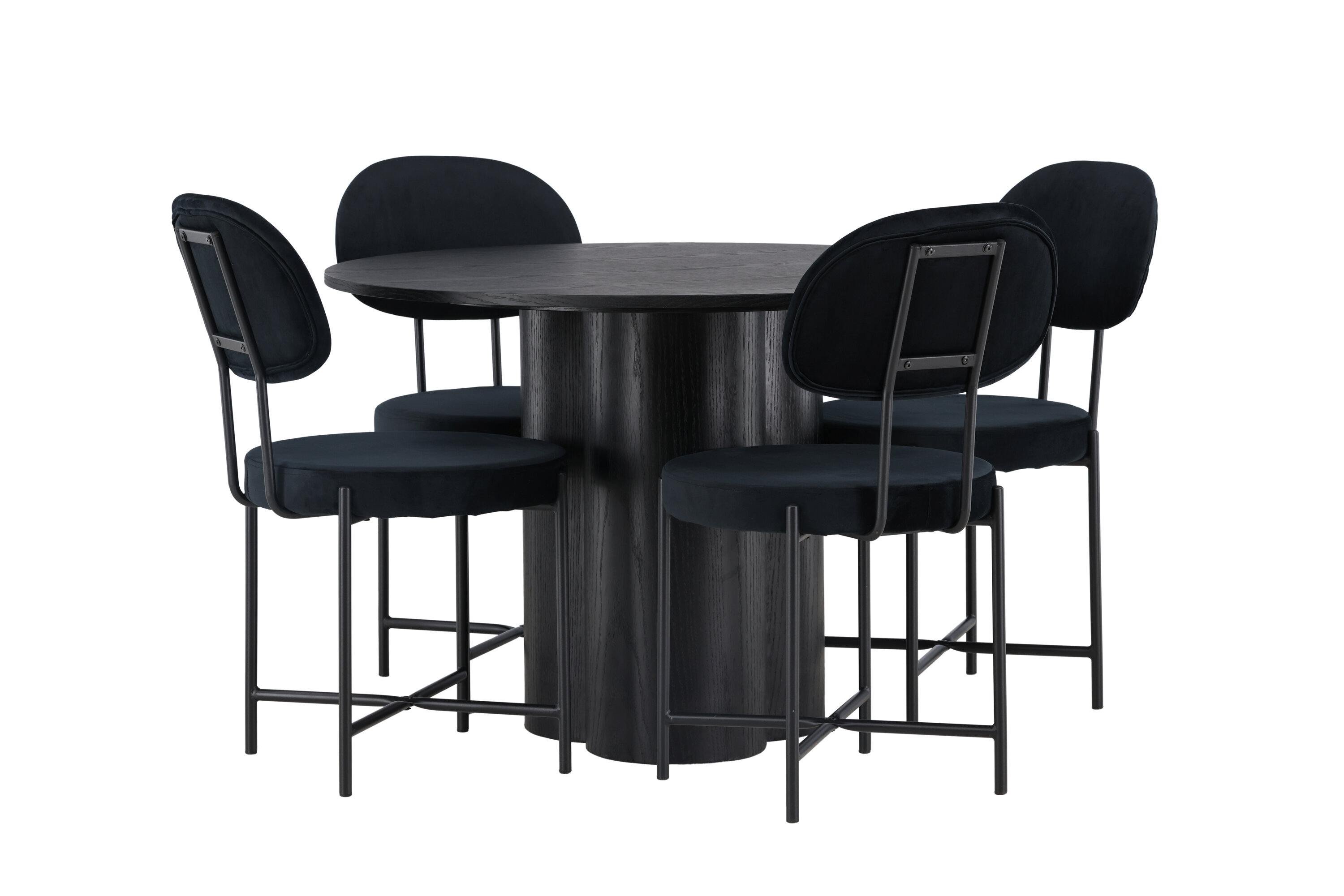 Olivia, Stella ensemble repas rond noir Table : ⌀110 Chaise : 60 x 89 x 50 cm sur fond clair