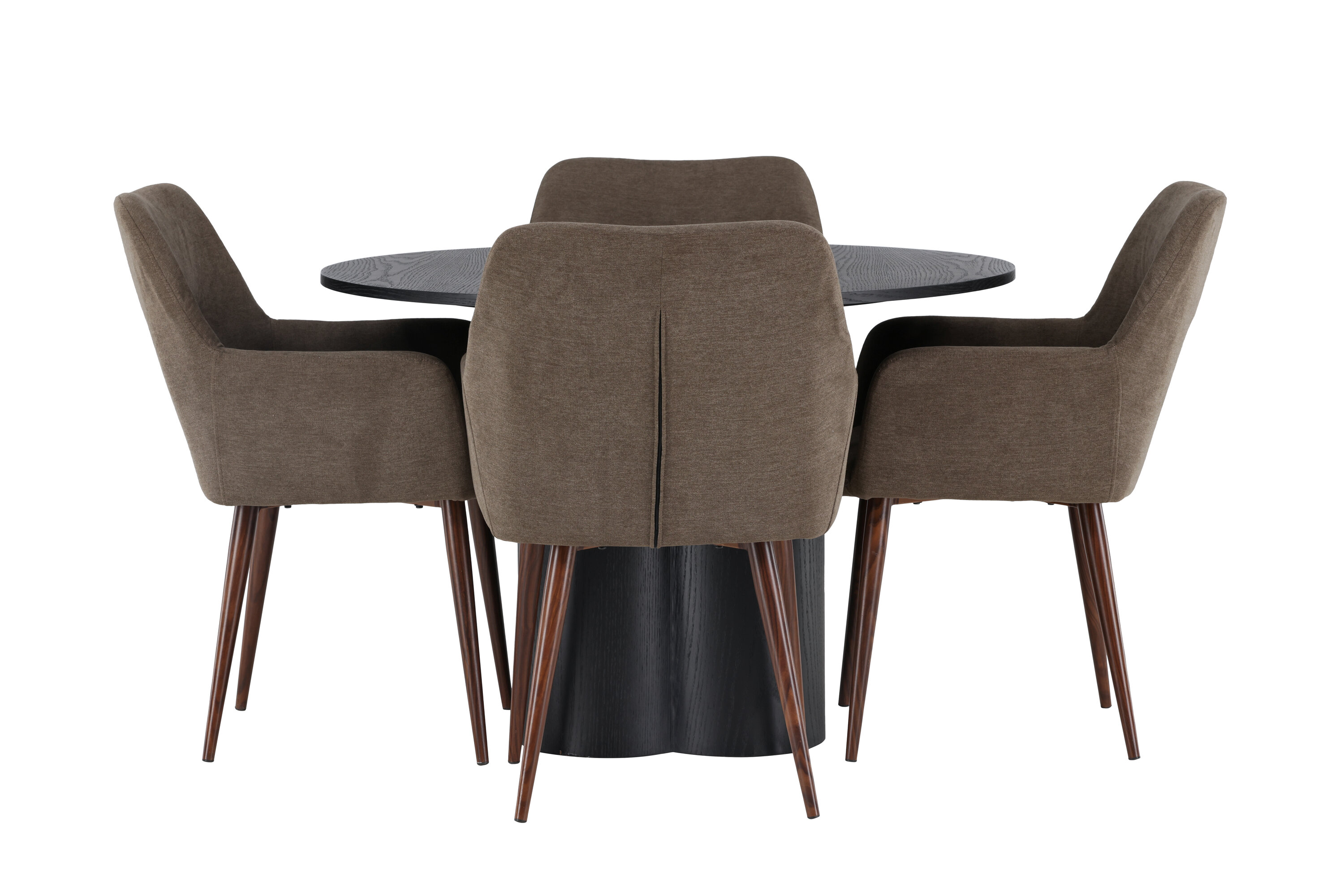Olivia, Tomorrow ensemble repas rond noir, marron Table : ⌀110 Chaise : 62 x 90 x 60 cm sur fond clair