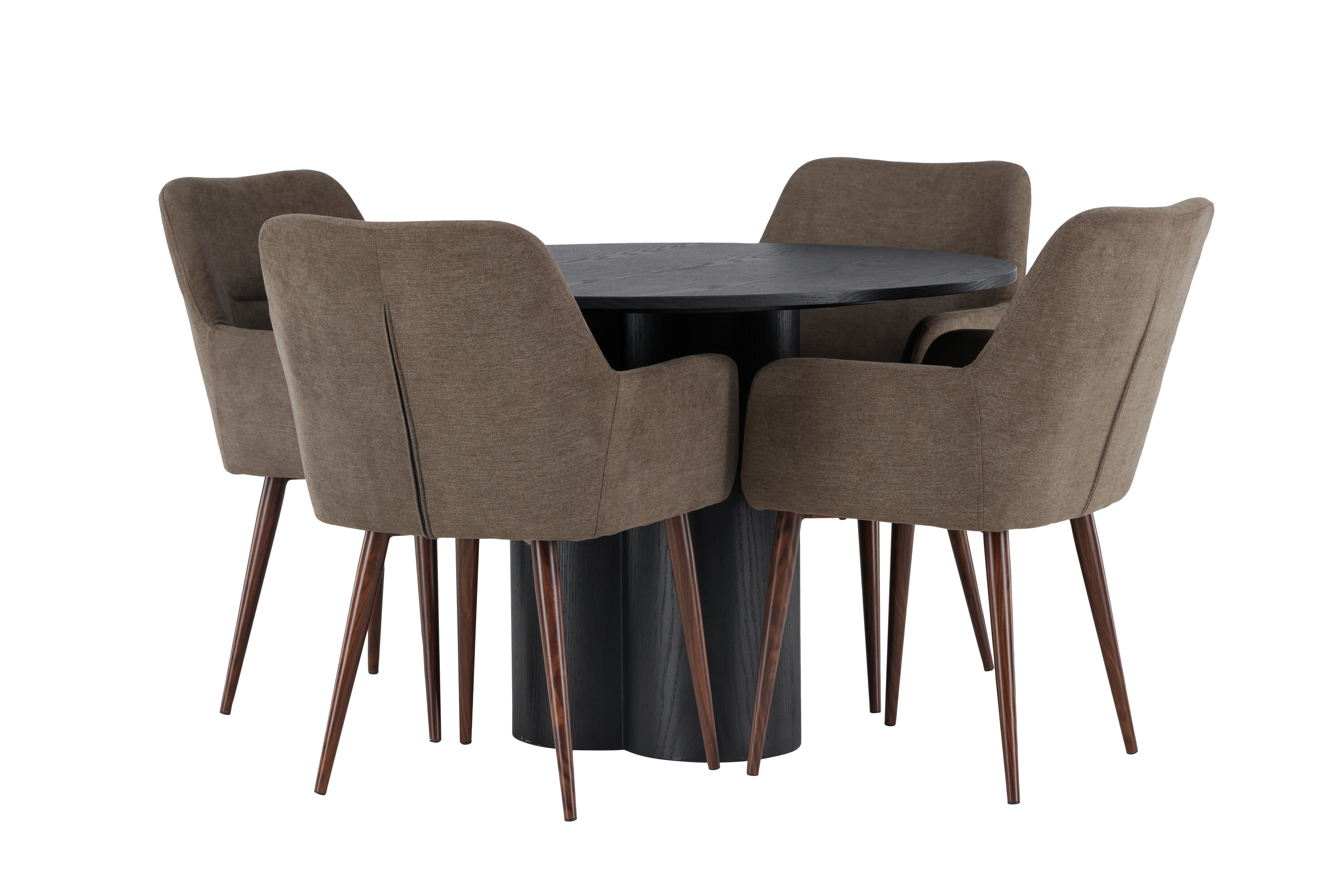 Olivia, Tomorrow ensemble repas rond noir, marron Table : ⌀110 Chaise : 62 x 90 x 60 cm sur fond clair