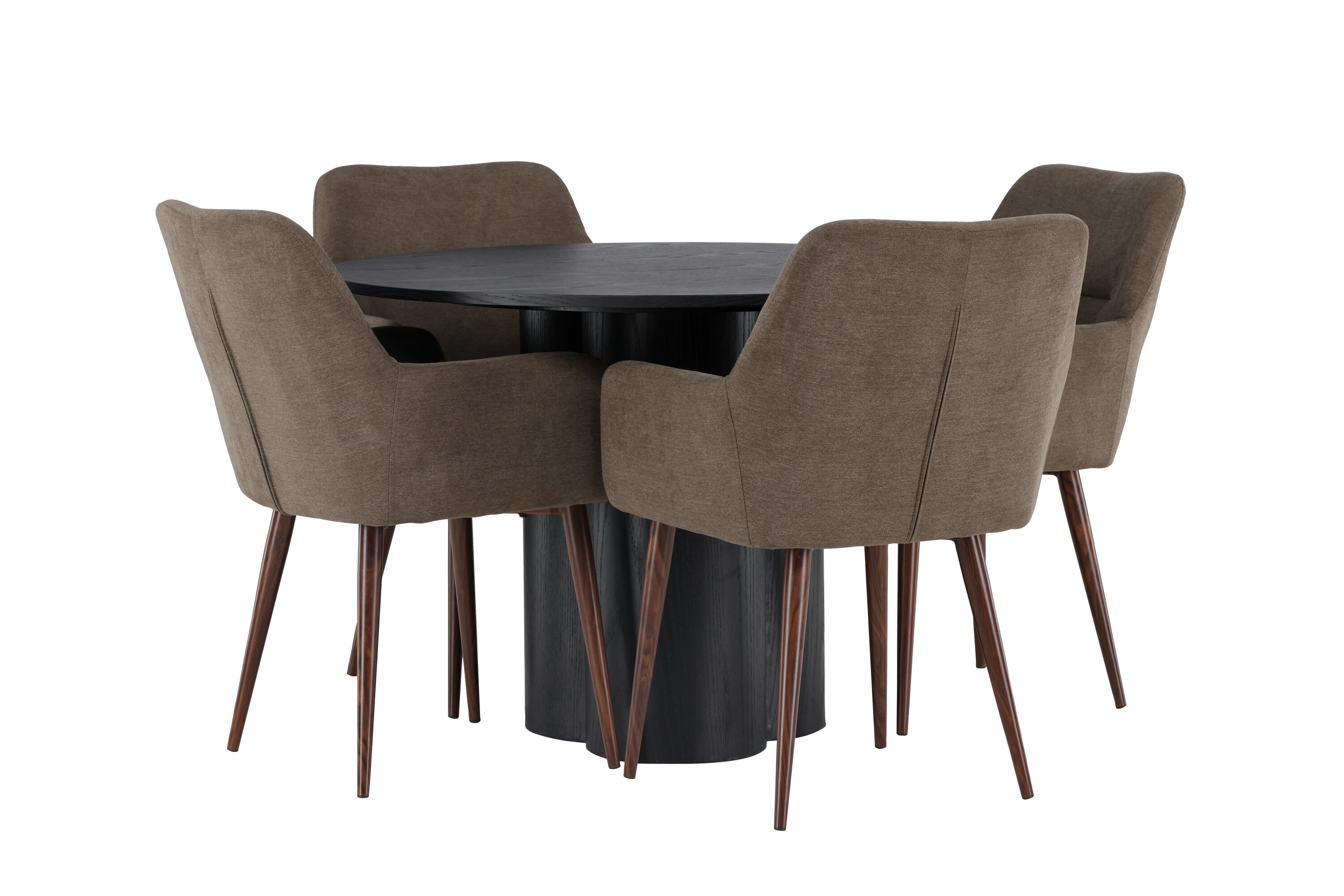 Olivia, Tomorrow ensemble repas rond noir, marron Table : ⌀110 Chaise : 62 x 90 x 60 cm sur fond clair