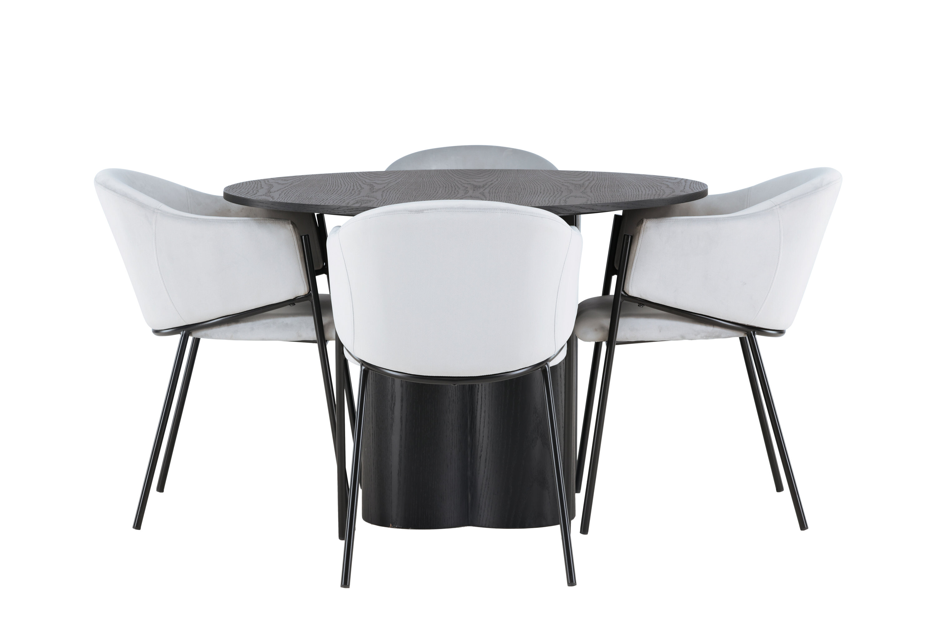 Olivia, Evelina ensemble repas rond noir, gris Table : ⌀110 Chaise : 62 x 80 x 54 cm sur fond clair