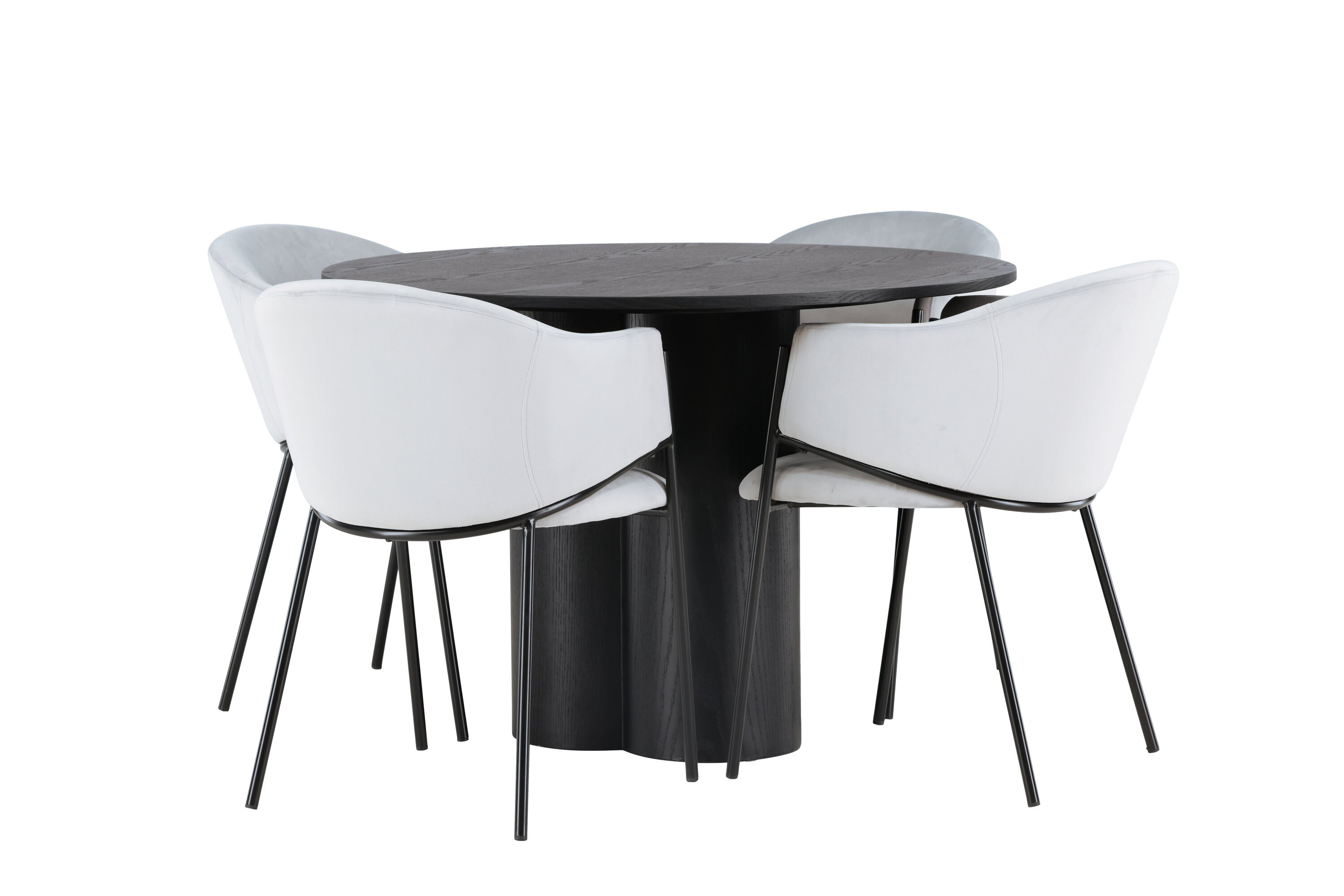 Olivia, Evelina ensemble repas rond noir, gris Table : ⌀110 Chaise : 62 x 80 x 54 cm sur fond clair