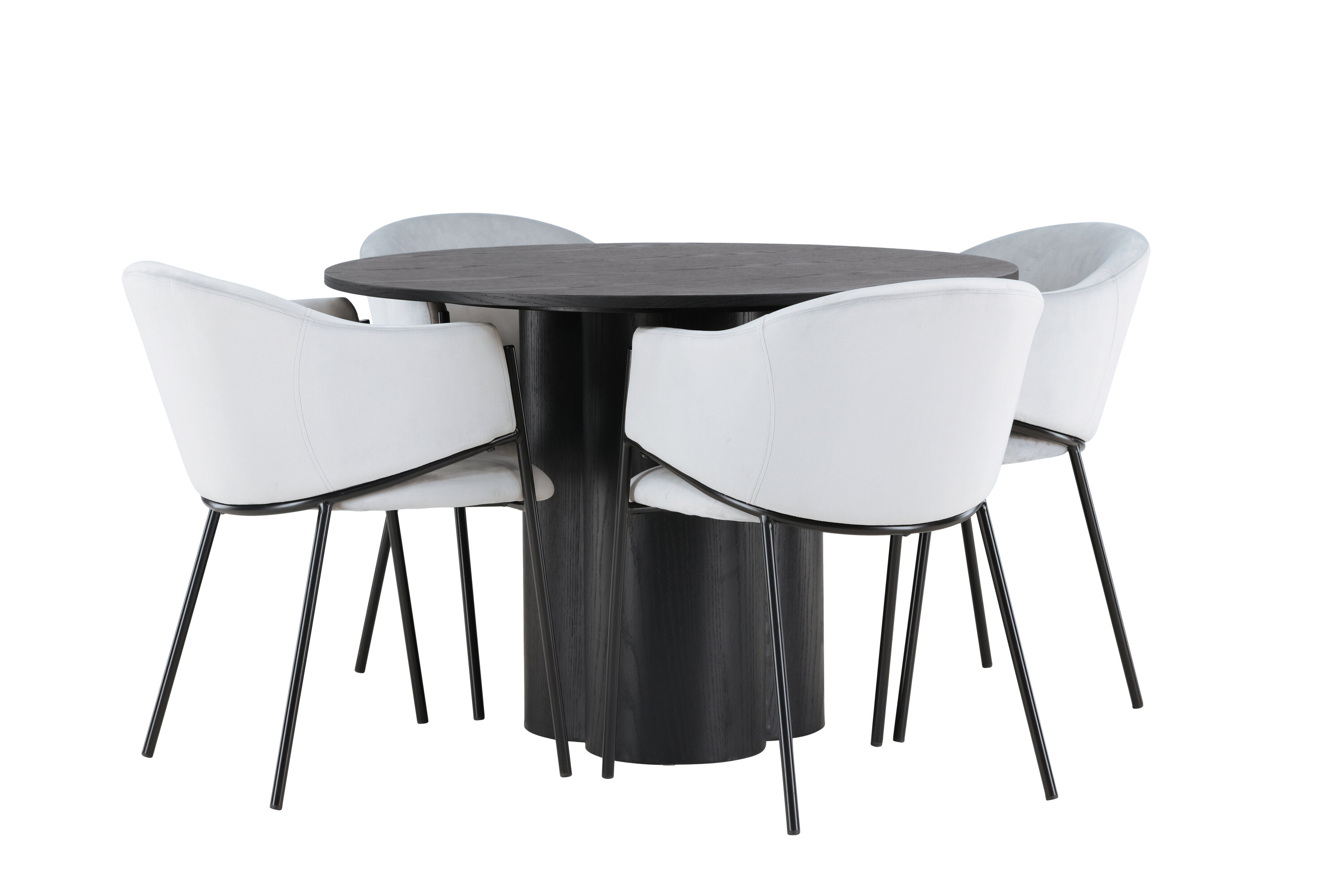 Olivia, Evelina ensemble repas rond noir, gris Table : ⌀110 Chaise : 62 x 80 x 54 cm sur fond clair