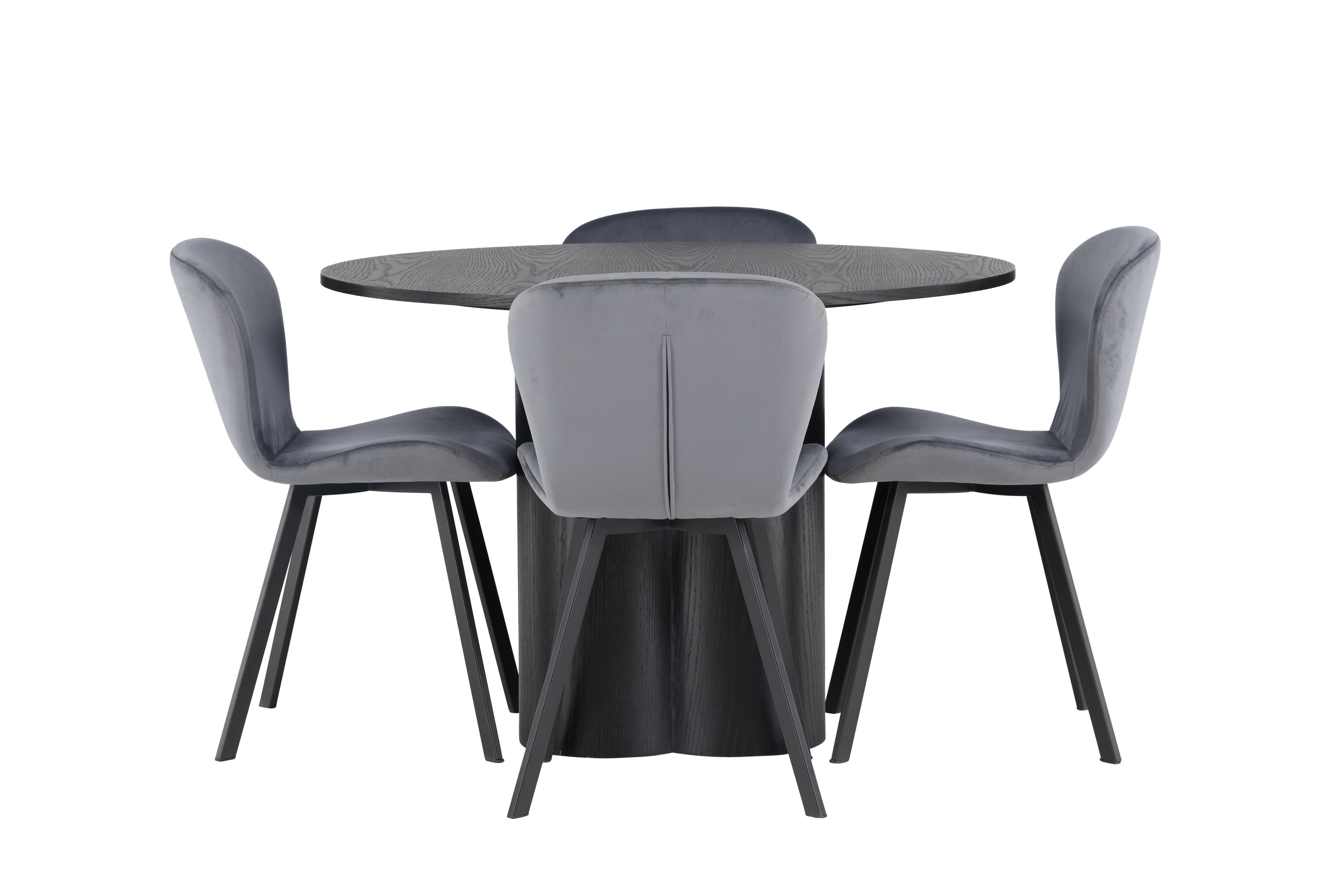 Olivia, Lilja ensemble repas rond noir, gris Table : ⌀110 Chaise : 50 x 80 x 48 cm sur fond clair