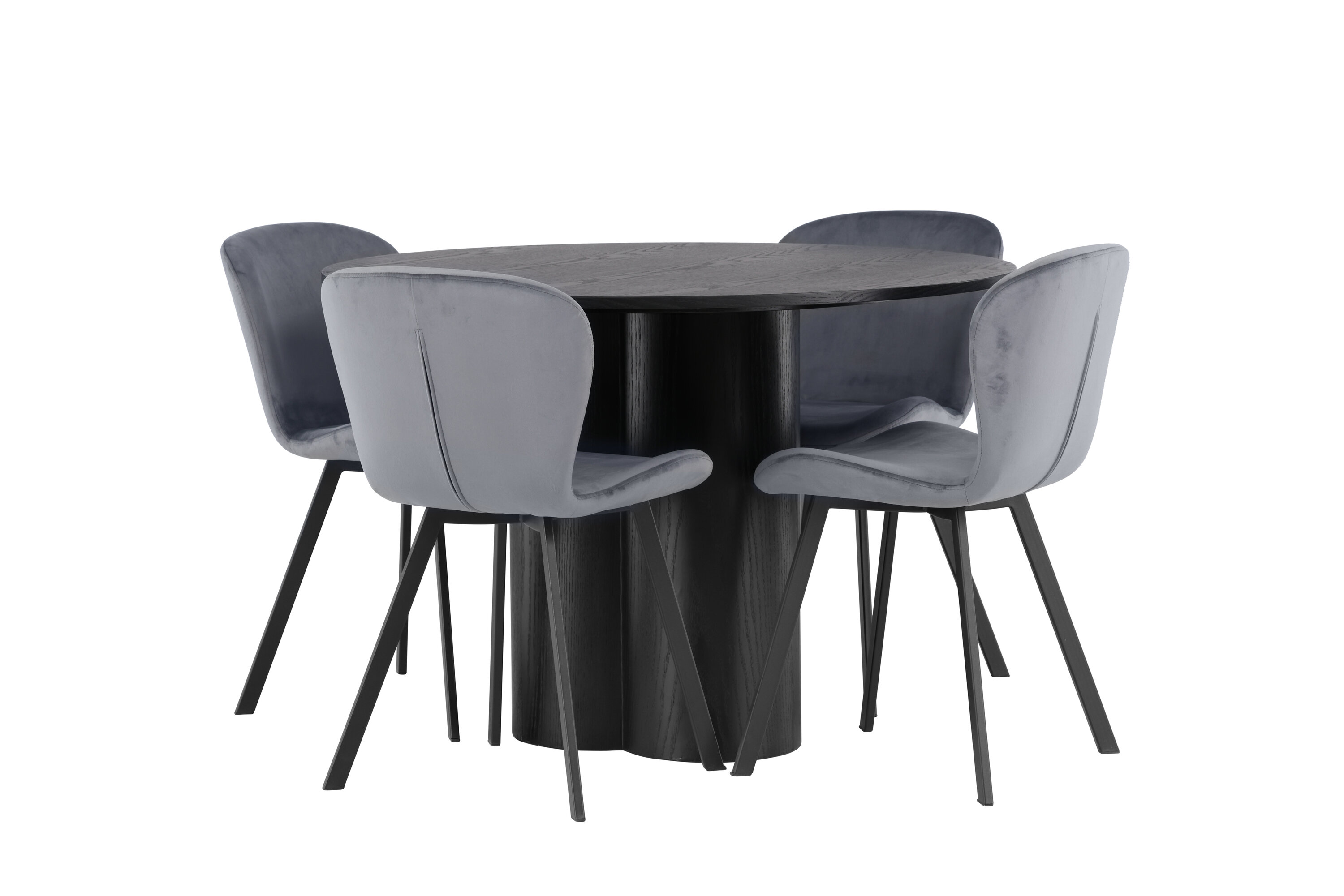 Olivia, Lilja ensemble repas rond noir, gris Table : ⌀110 Chaise : 50 x 80 x 48 cm sur fond clair