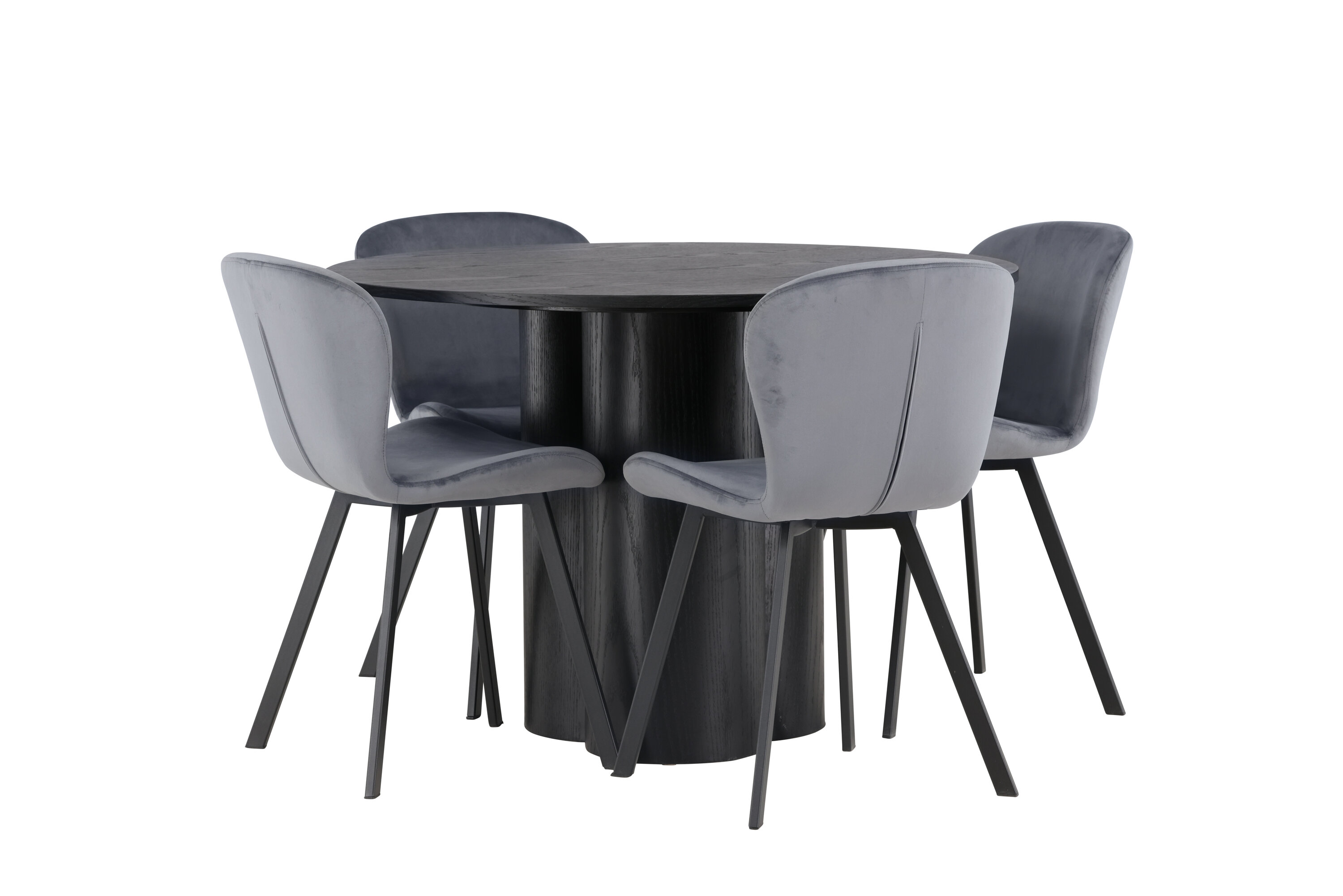 Olivia, Lilja ensemble repas rond noir, gris Table : ⌀110 Chaise : 50 x 80 x 48 cm sur fond clair