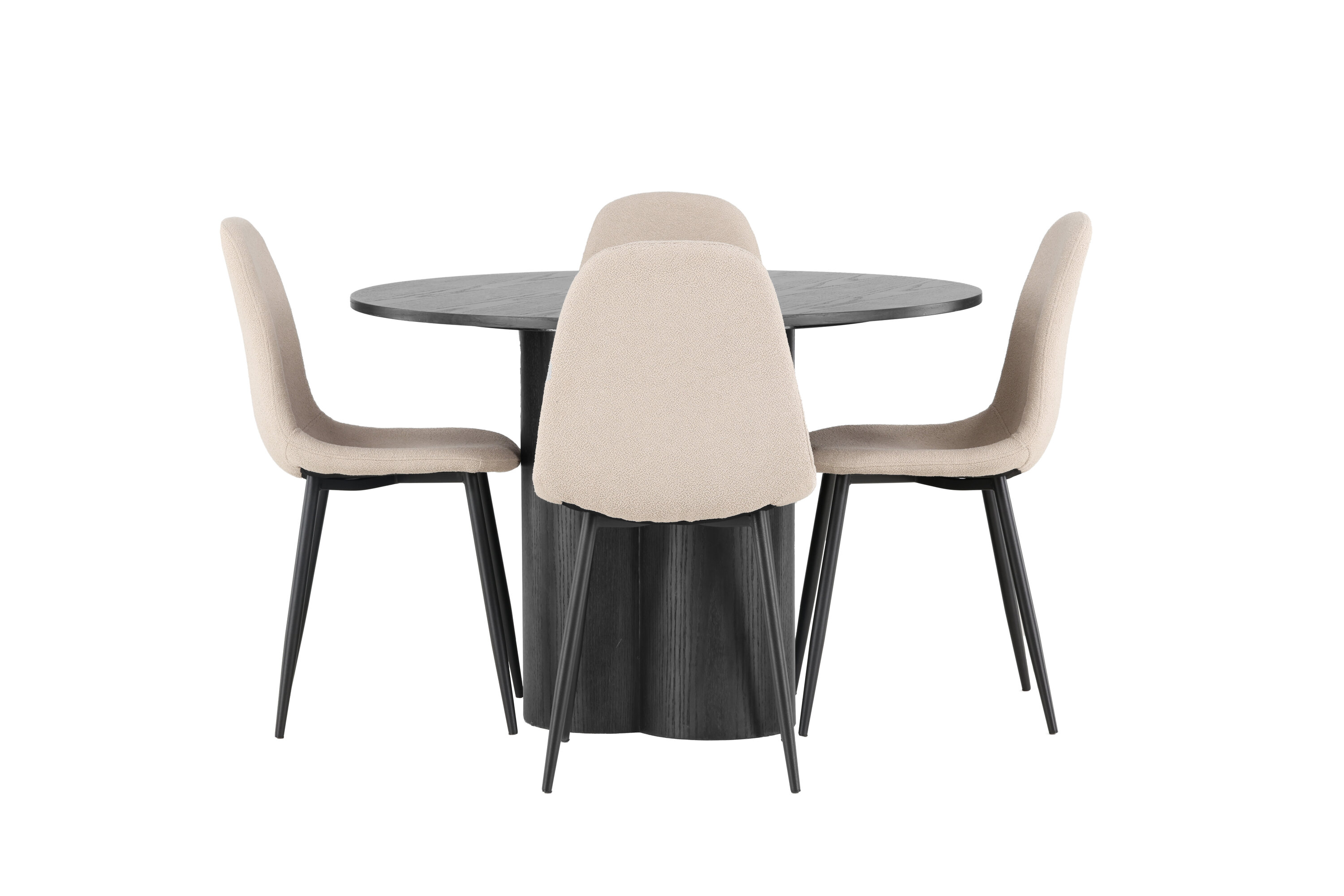 Olivia, Polar ensemble repas rond noir, beige Table : ⌀110 Chaise : 52 x 90 x 45 cm sur fond clair