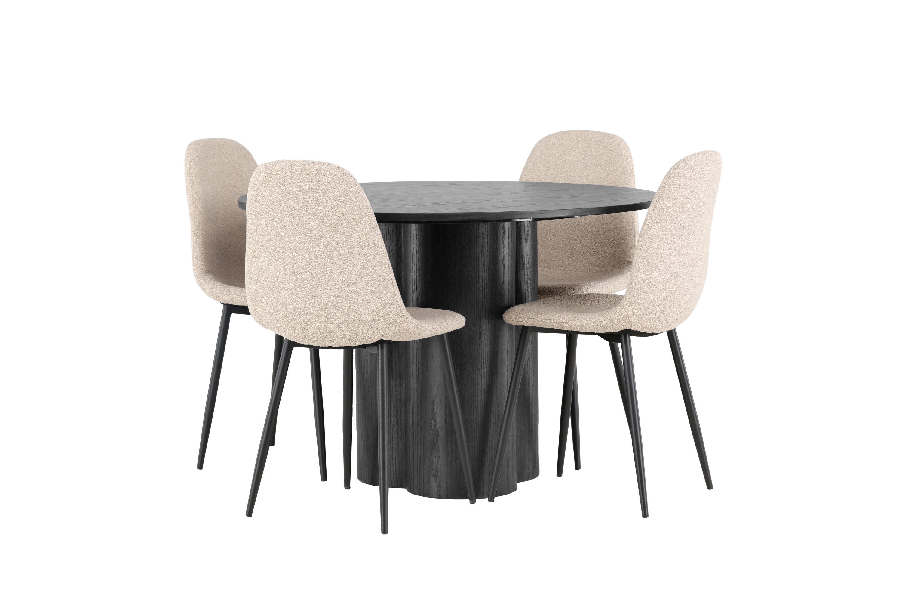 Olivia, Polar ensemble repas rond noir, beige Table : ⌀110 Chaise : 52 x 90 x 45 cm sur fond clair