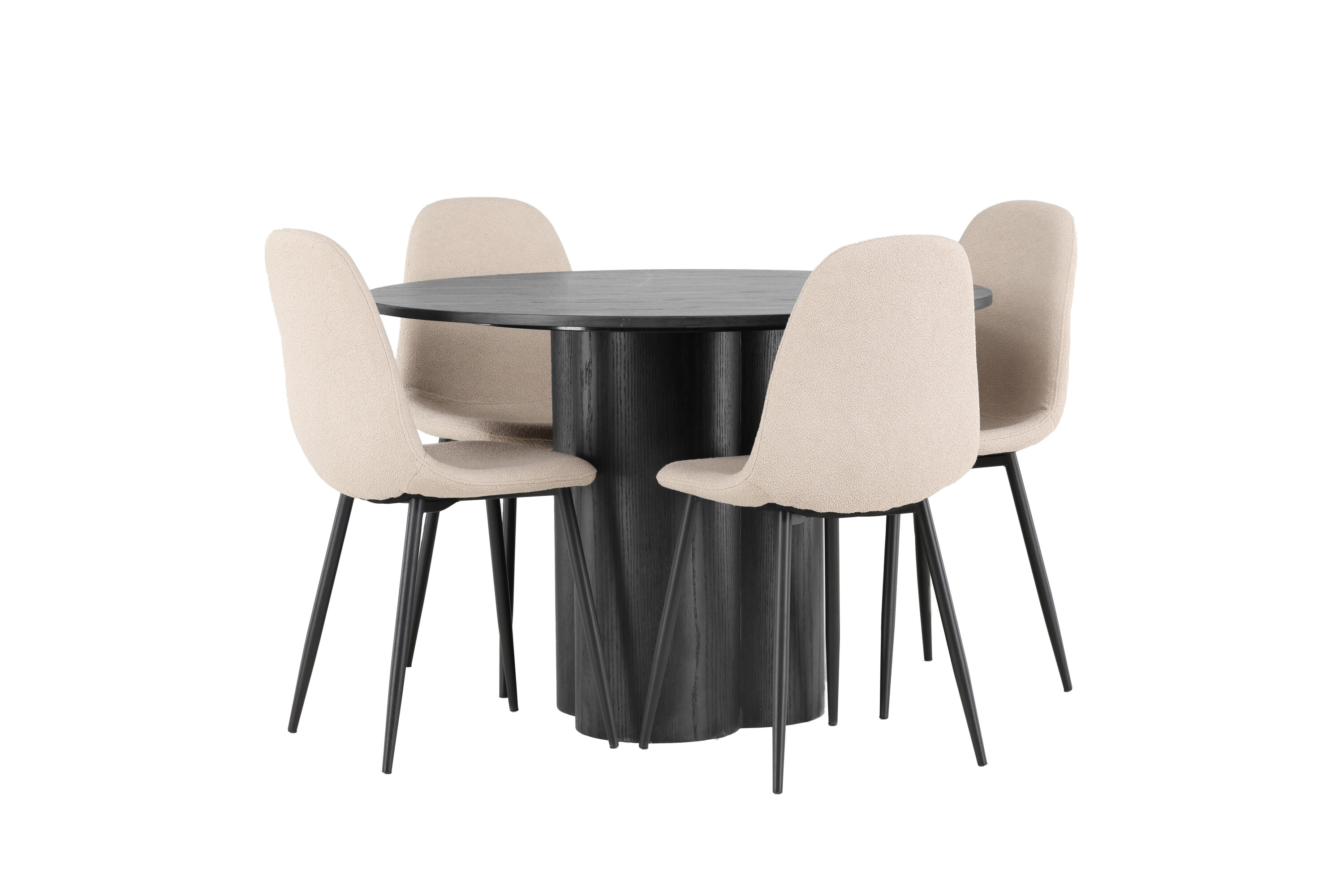 Olivia, Polar ensemble repas rond noir, beige Table : ⌀110 Chaise : 52 x 90 x 45 cm sur fond clair