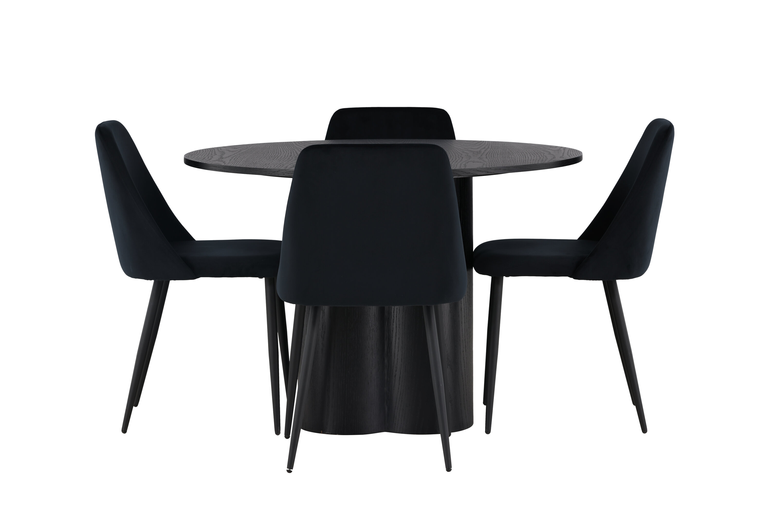 Olivia, Night ensemble repas rond noir Table : ⌀110 Chaise : 56 x 87 x 49 cm sur fond clair