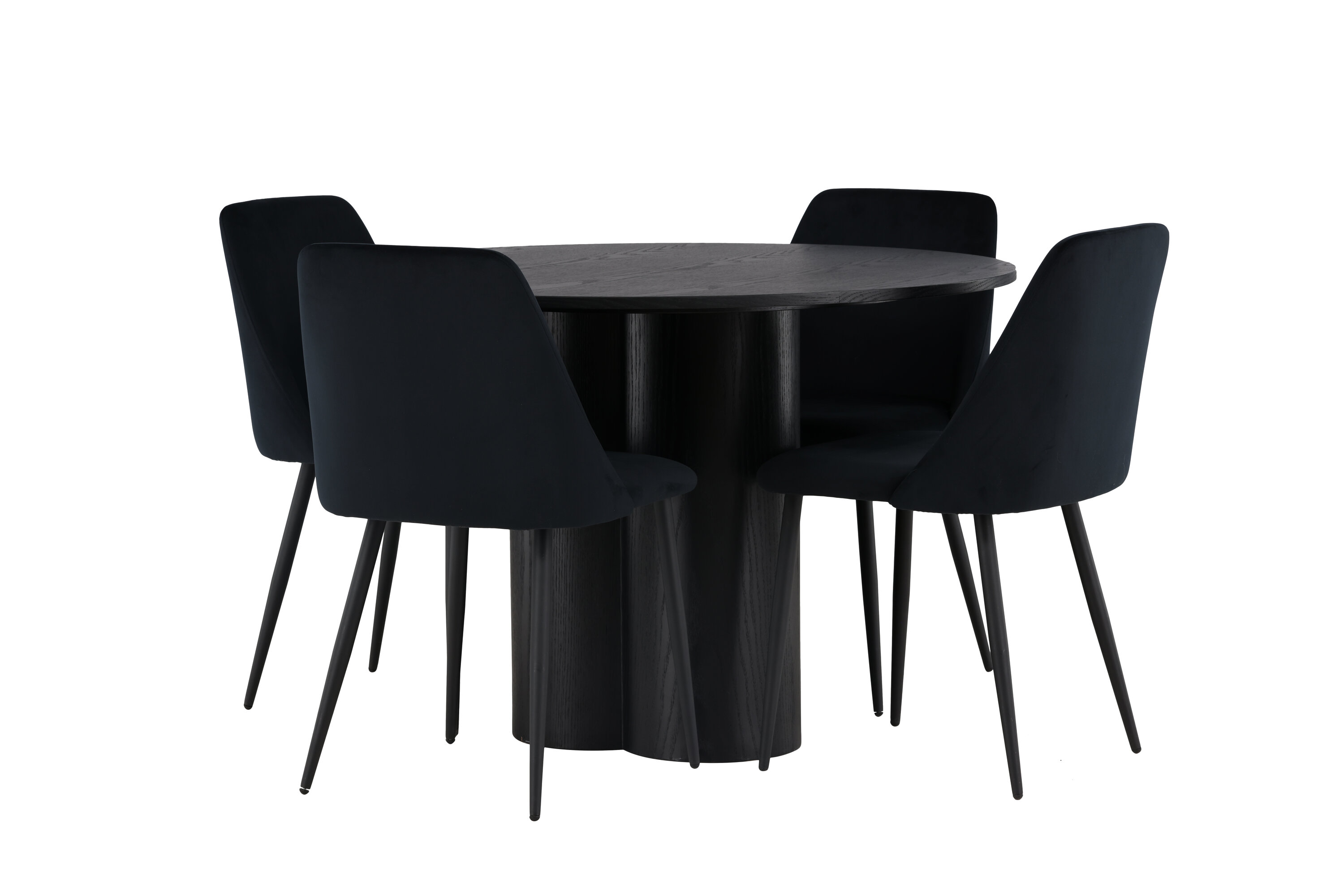 Olivia, Night ensemble repas rond noir Table : ⌀110 Chaise : 56 x 87 x 49 cm sur fond clair