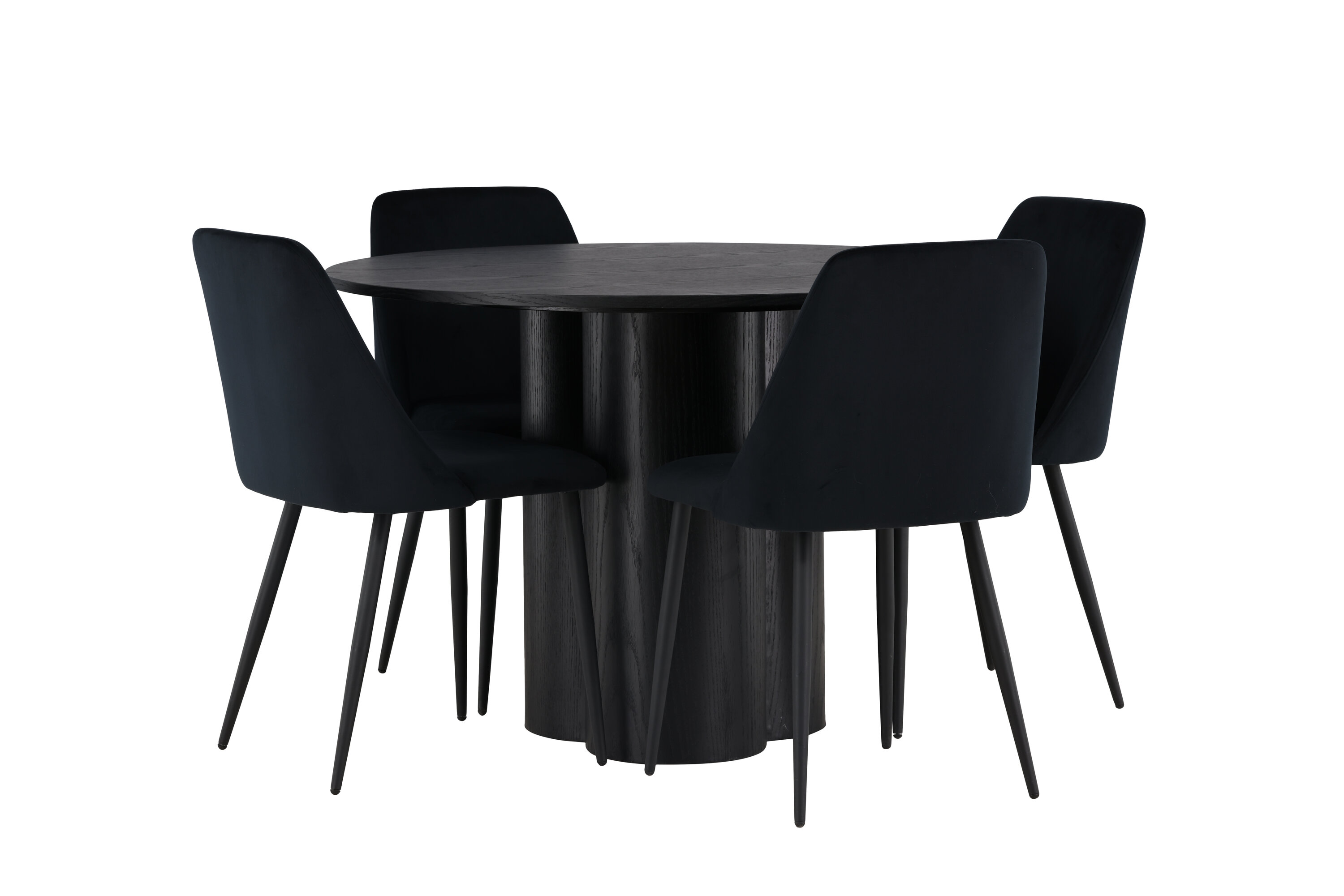 Olivia, Night ensemble repas rond noir Table : ⌀110 Chaise : 56 x 87 x 49 cm sur fond clair