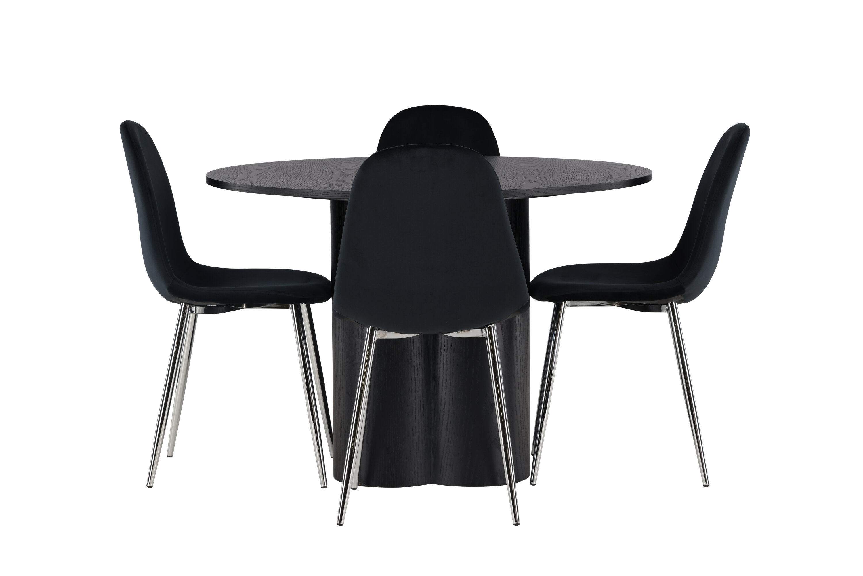 Olivia, Polar ensemble repas rond noir, argenté Table : ⌀110 Chaise : 52 x 90 x 45 cm sur fond clair