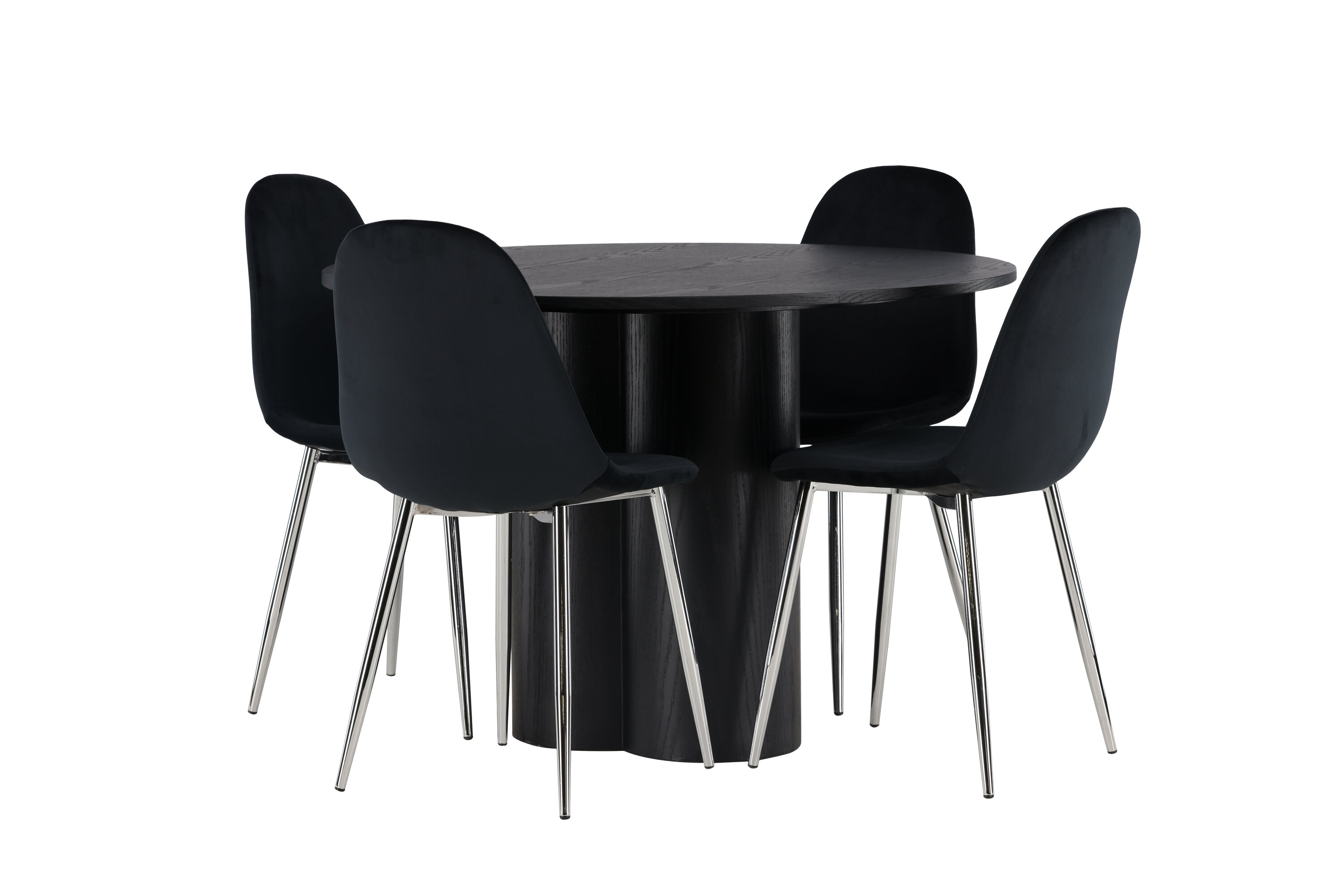 Olivia, Polar ensemble repas rond noir, argenté Table : ⌀110 Chaise : 52 x 90 x 45 cm sur fond clair