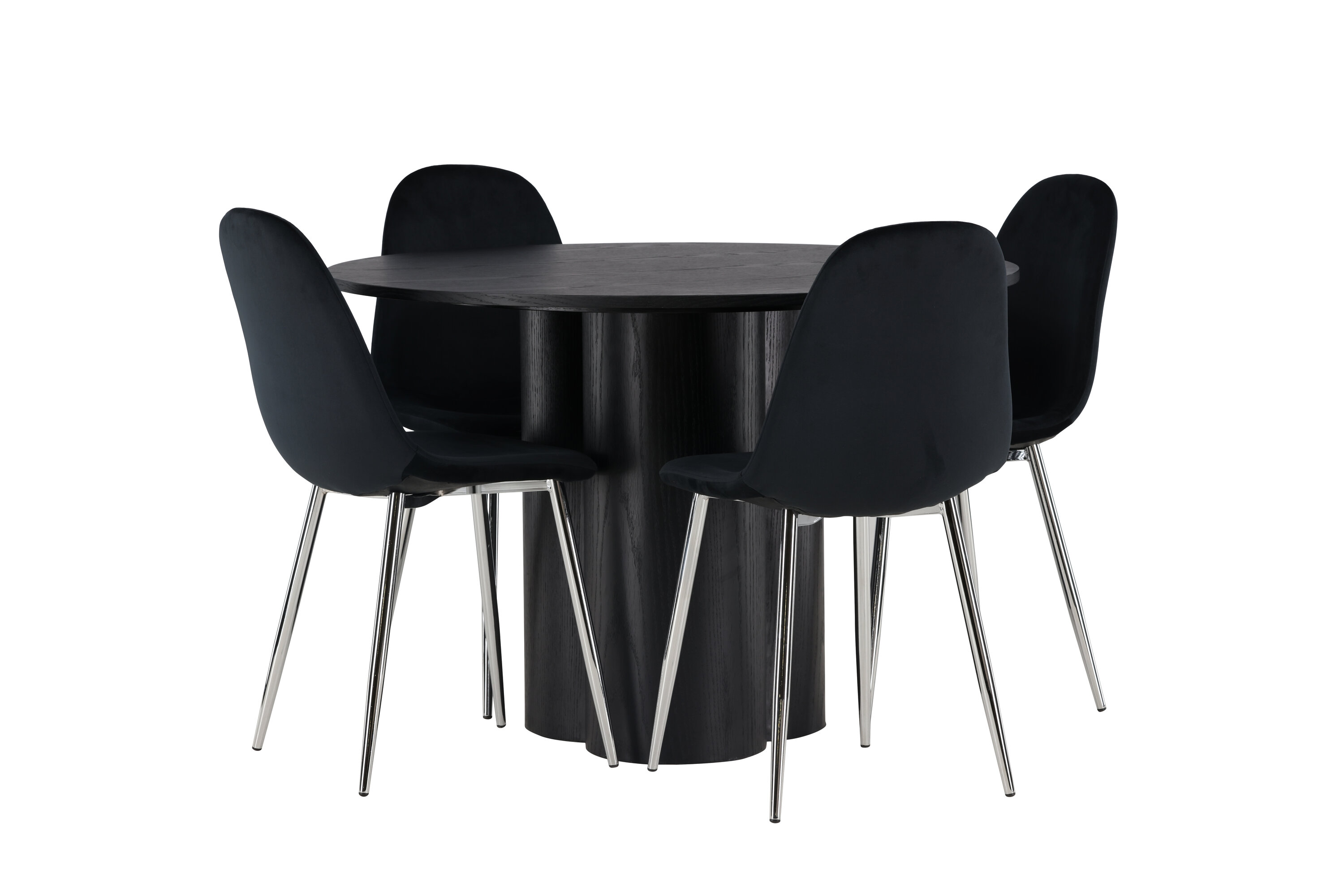 Olivia, Polar ensemble repas rond noir, argenté Table : ⌀110 Chaise : 52 x 90 x 45 cm sur fond clair