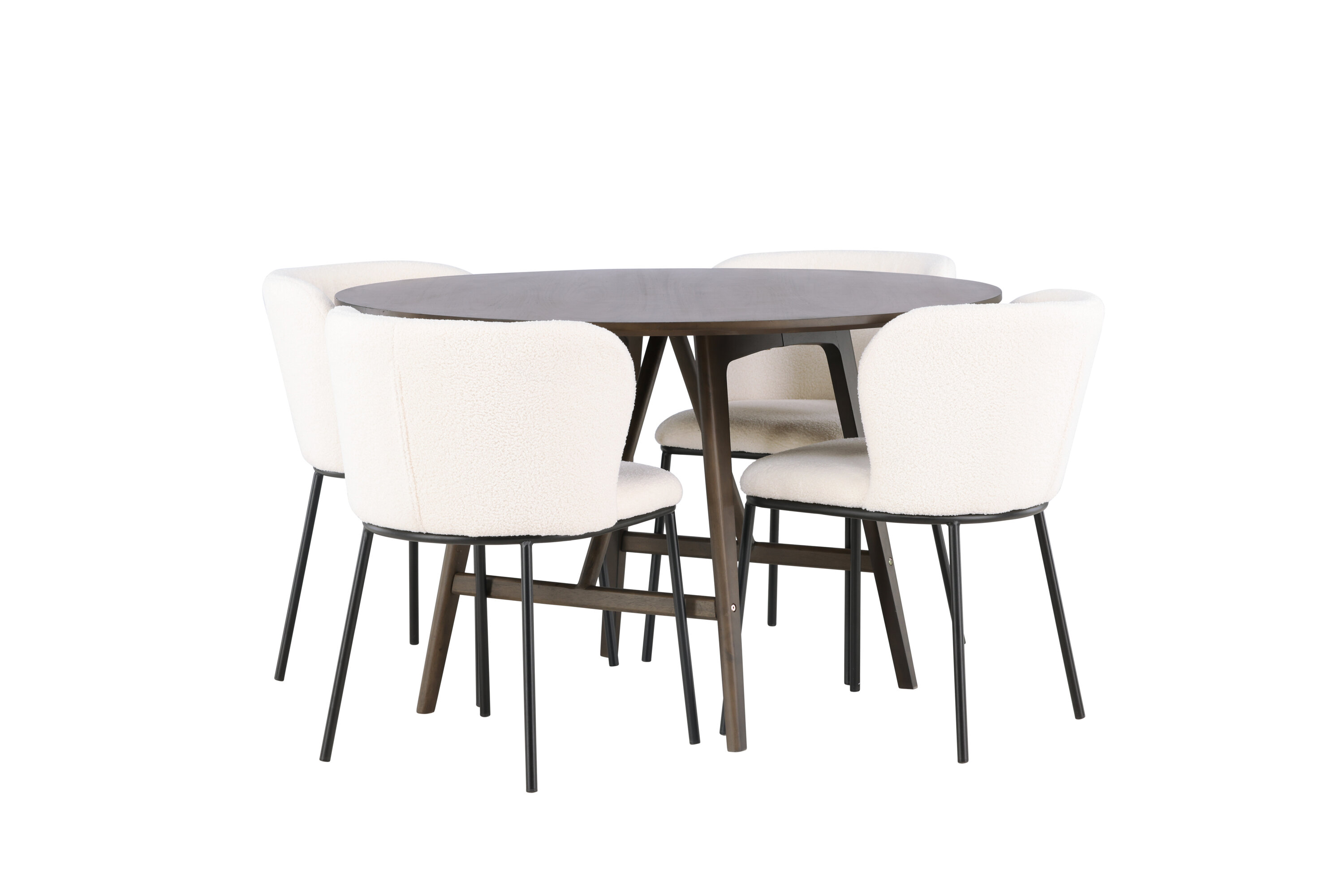 Kaseidon, Edina ensemble repas rond marron foncé, noir, blanc Table : ⌀100 Chaise : 56 x 76 x 55 cm sur fond clair
