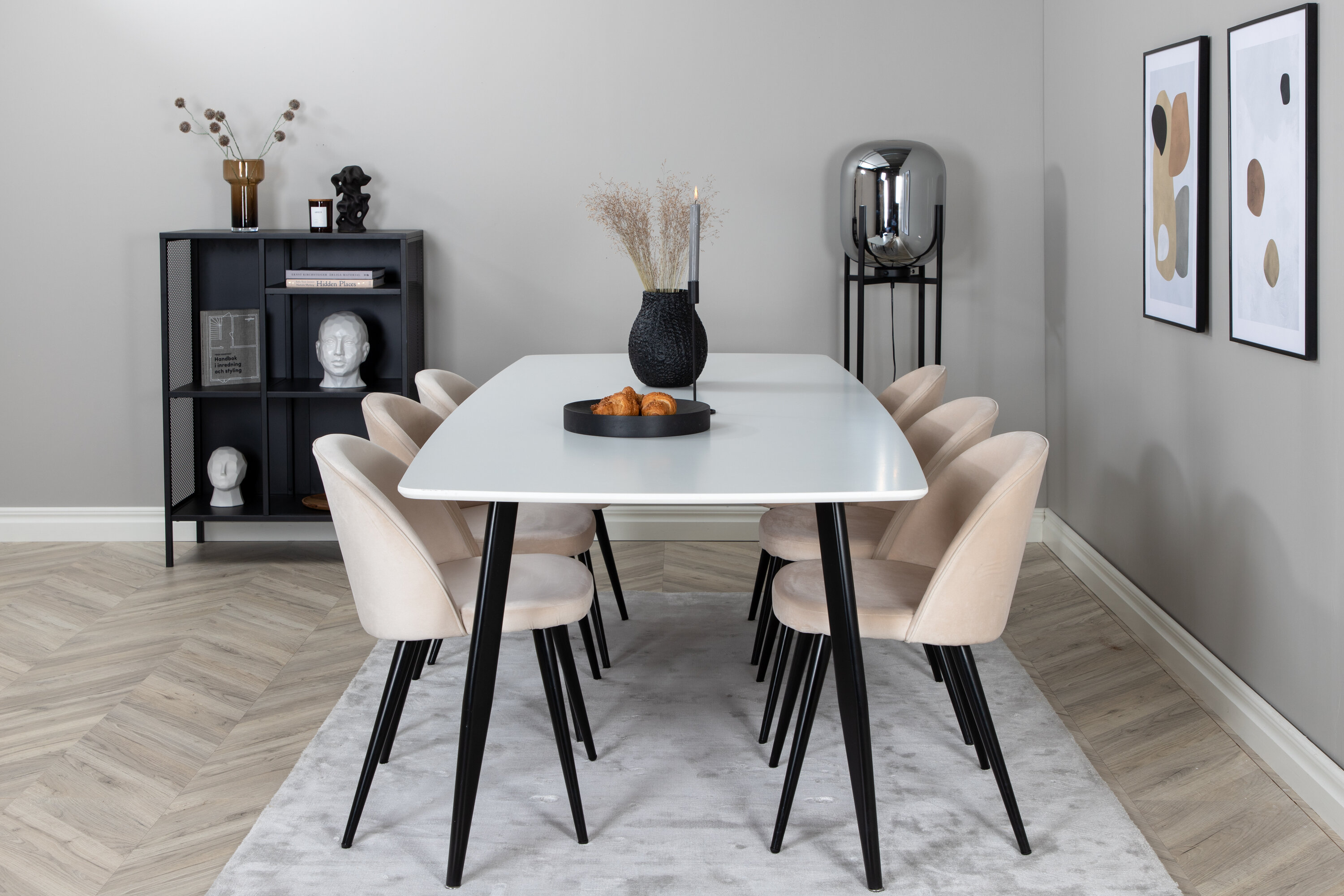 Détail du ensemble repas rectangulaire Polar, Velvet blanc, beige, noir