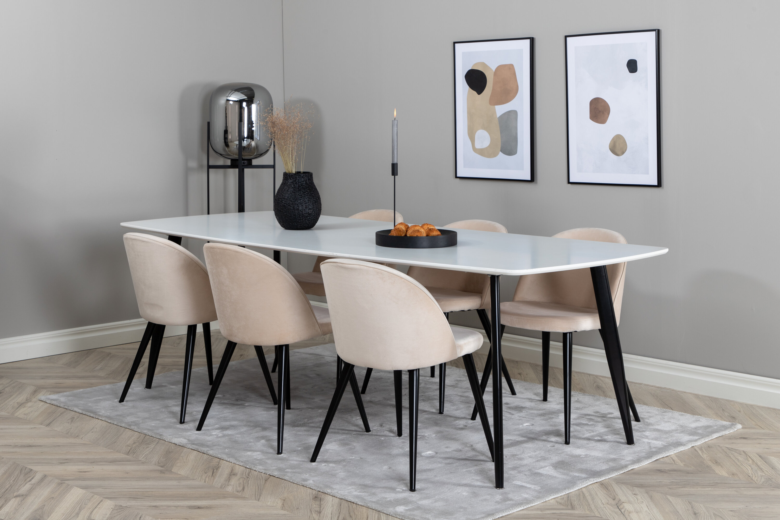 Détail du ensemble repas rectangulaire Polar, Velvet blanc, beige, noir