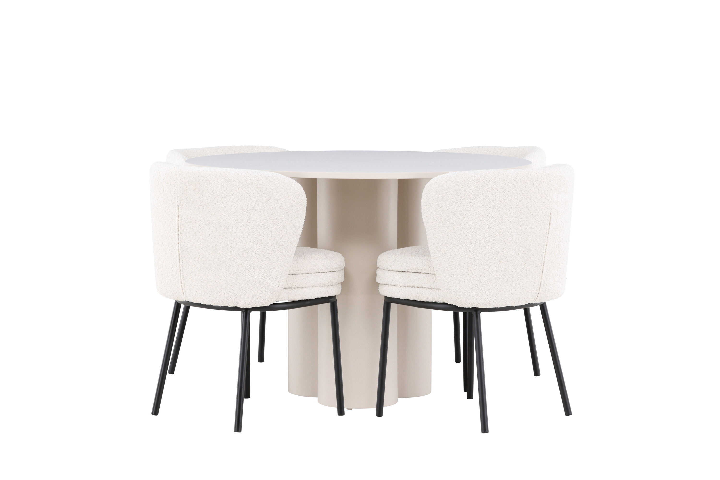 Olivia, Agnes ensemble repas rond beige, noir, blanc sur fond clair