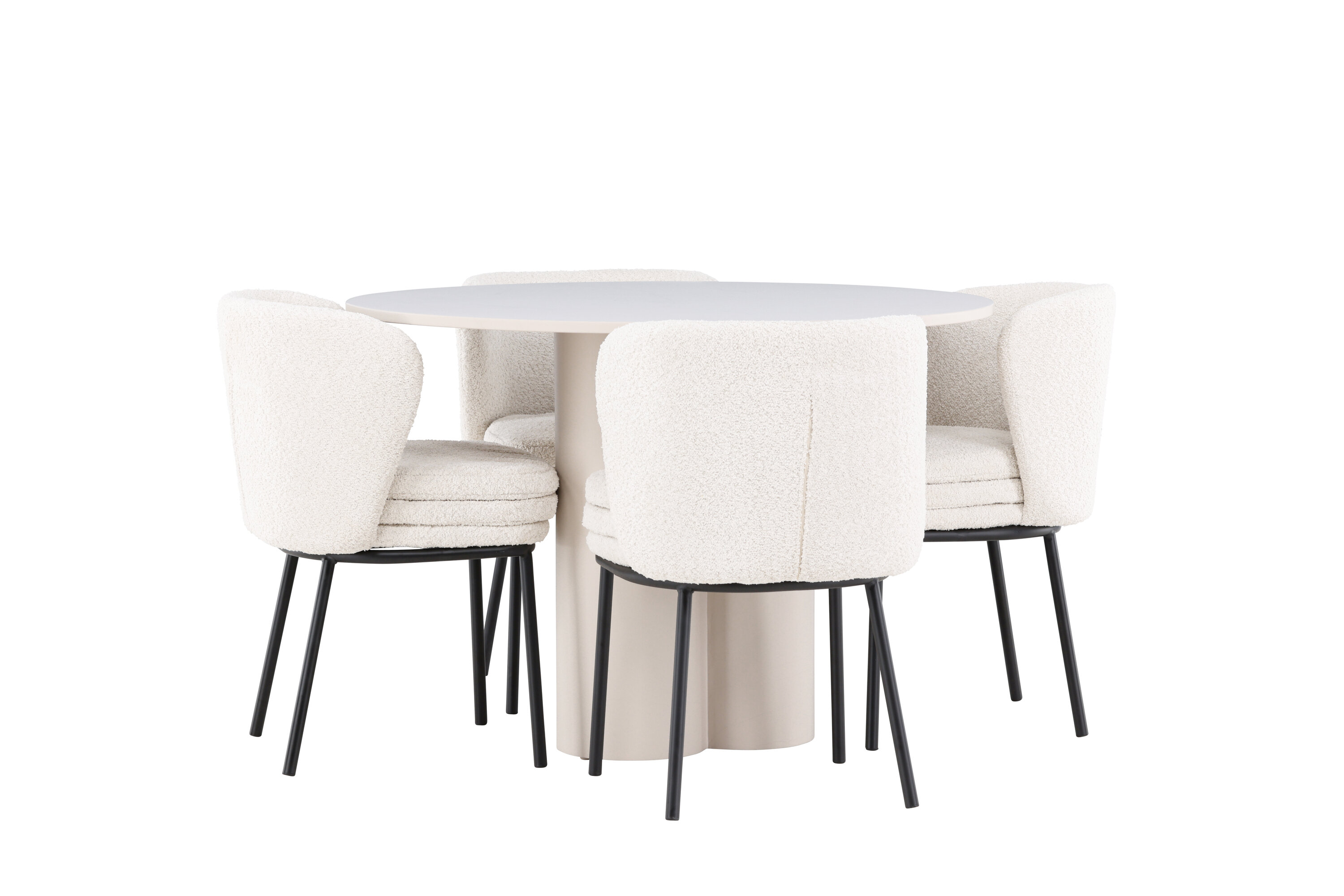 Olivia, Agnes ensemble repas rond beige, noir, blanc sur fond clair