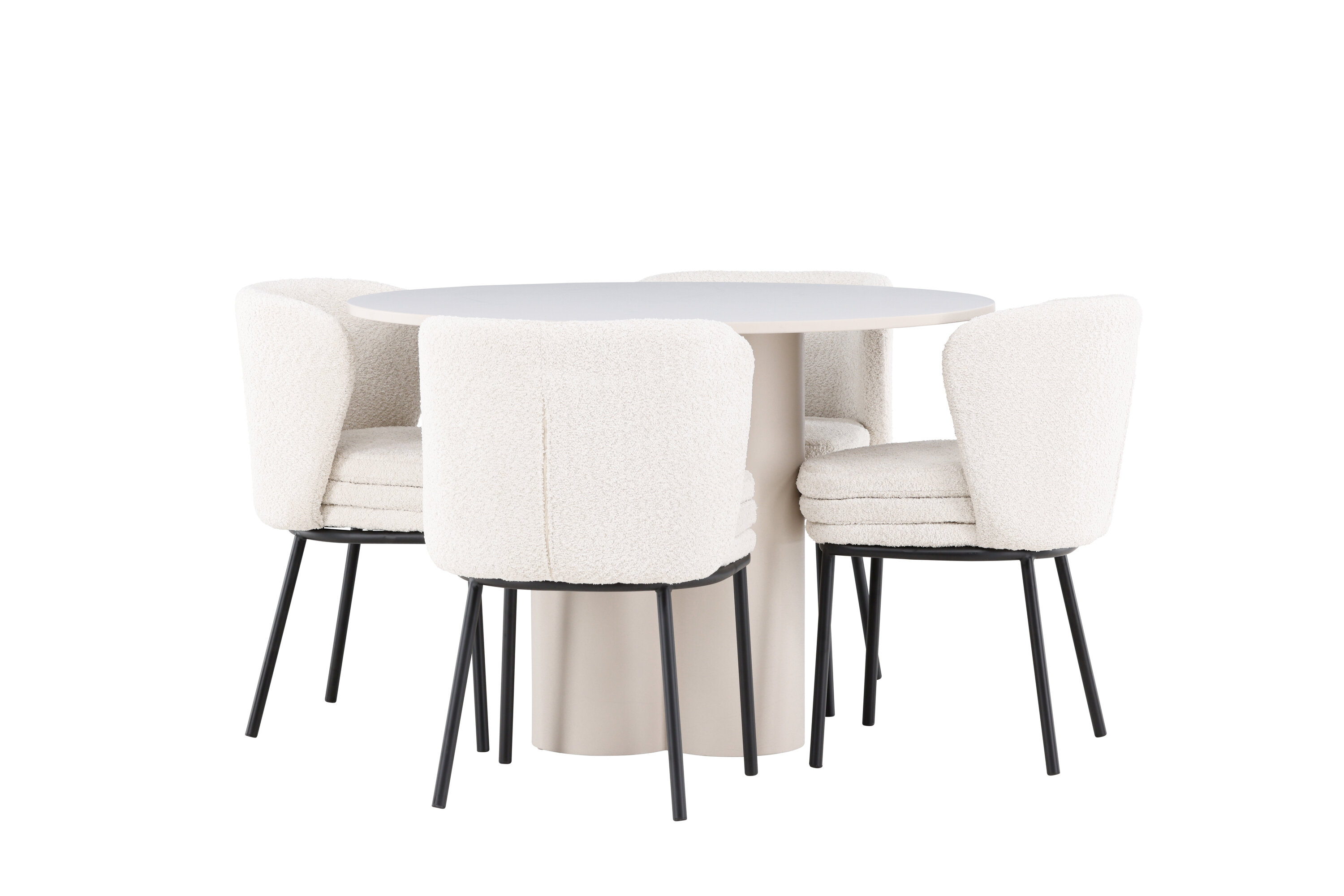 Olivia, Agnes ensemble repas rond beige, noir, blanc sur fond clair
