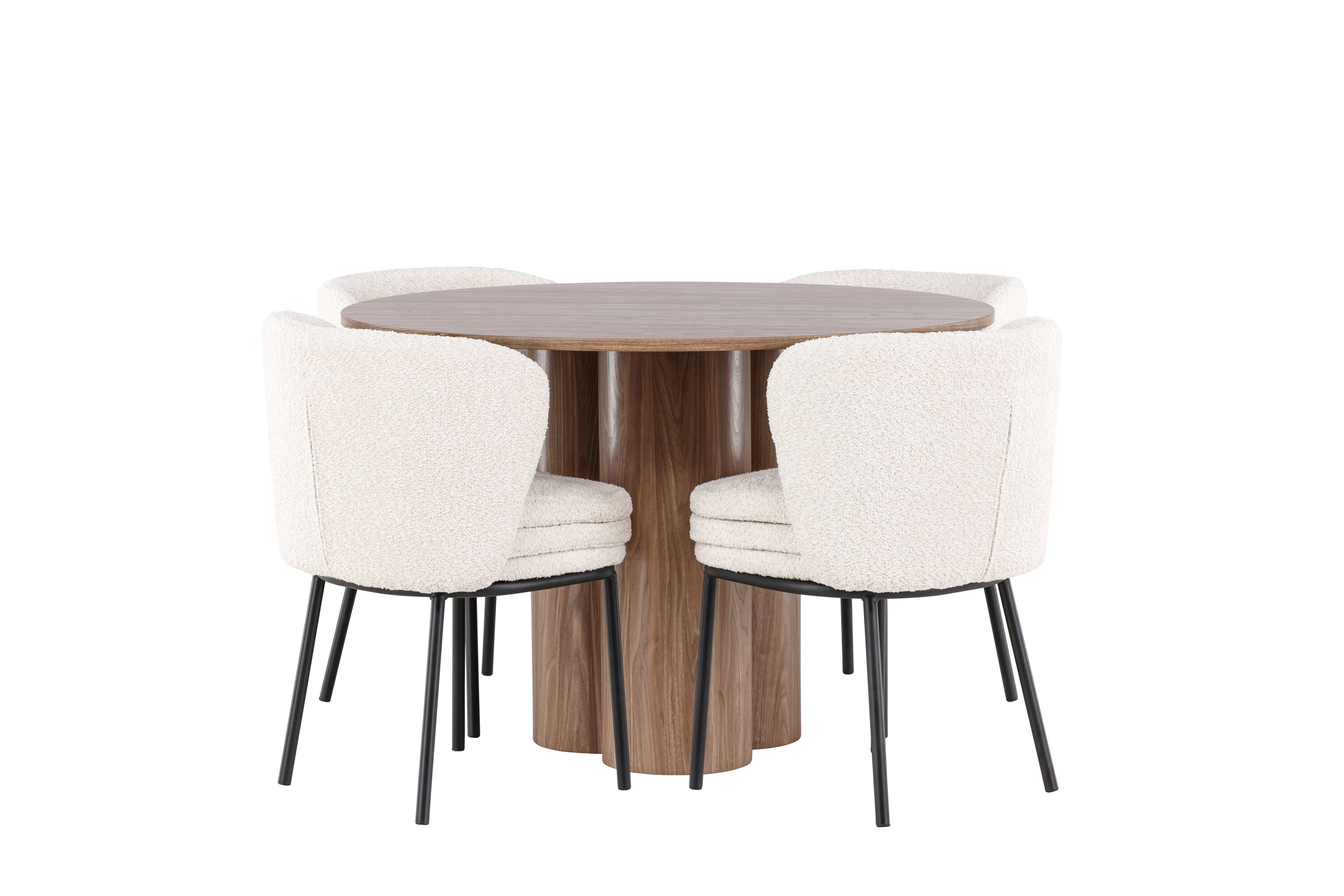 Olivia, Agnes ensemble repas rond marron, noir, blanc sur fond clair