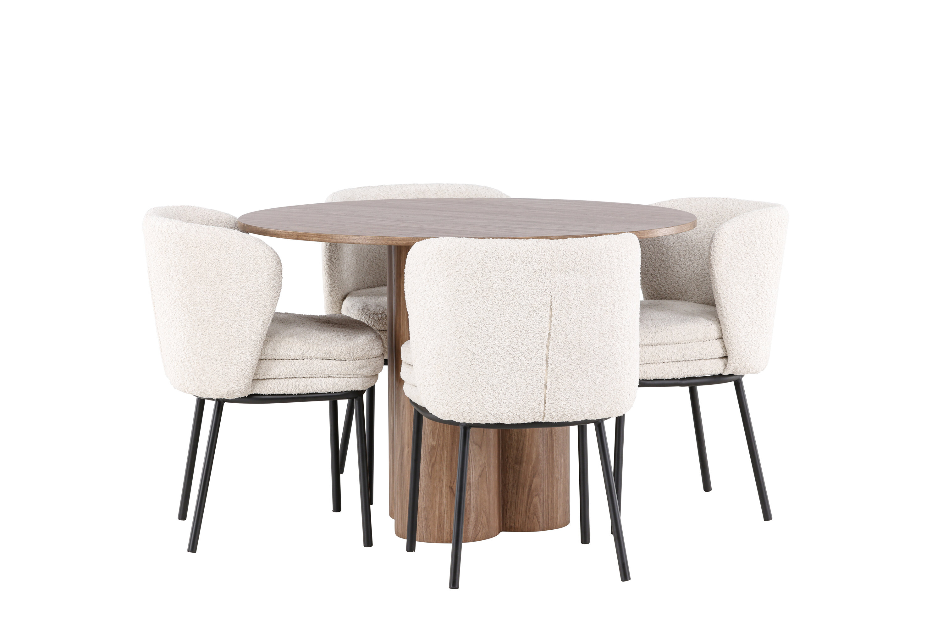Olivia, Agnes ensemble repas rond marron, noir, blanc sur fond clair
