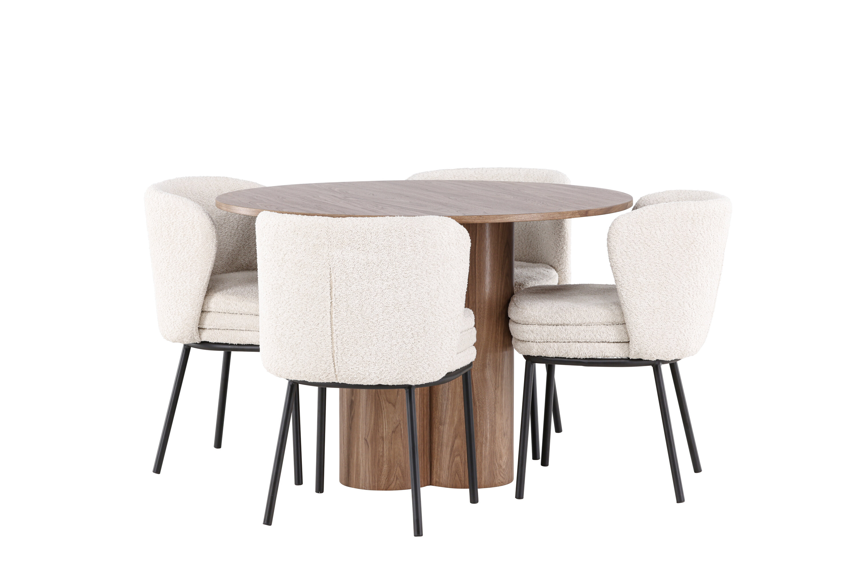 Olivia, Agnes ensemble repas rond marron, noir, blanc sur fond clair