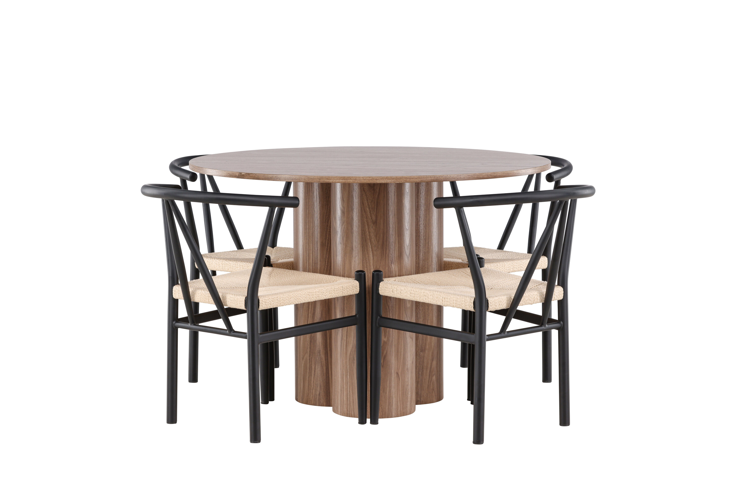 Olivia, Alfons ensemble repas rond marron, noir, beige sur fond clair