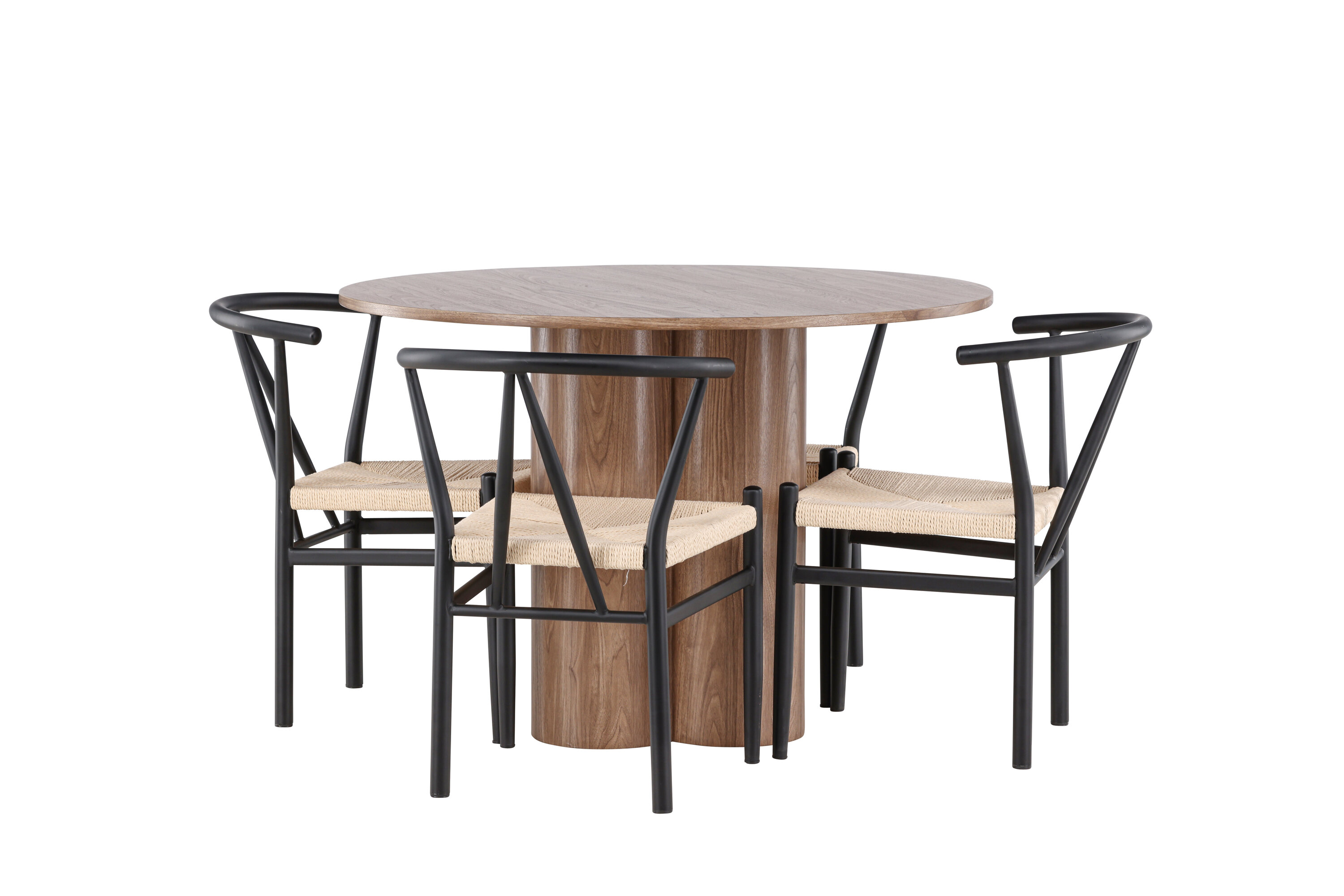 Olivia, Alfons ensemble repas rond marron, noir, beige sur fond clair