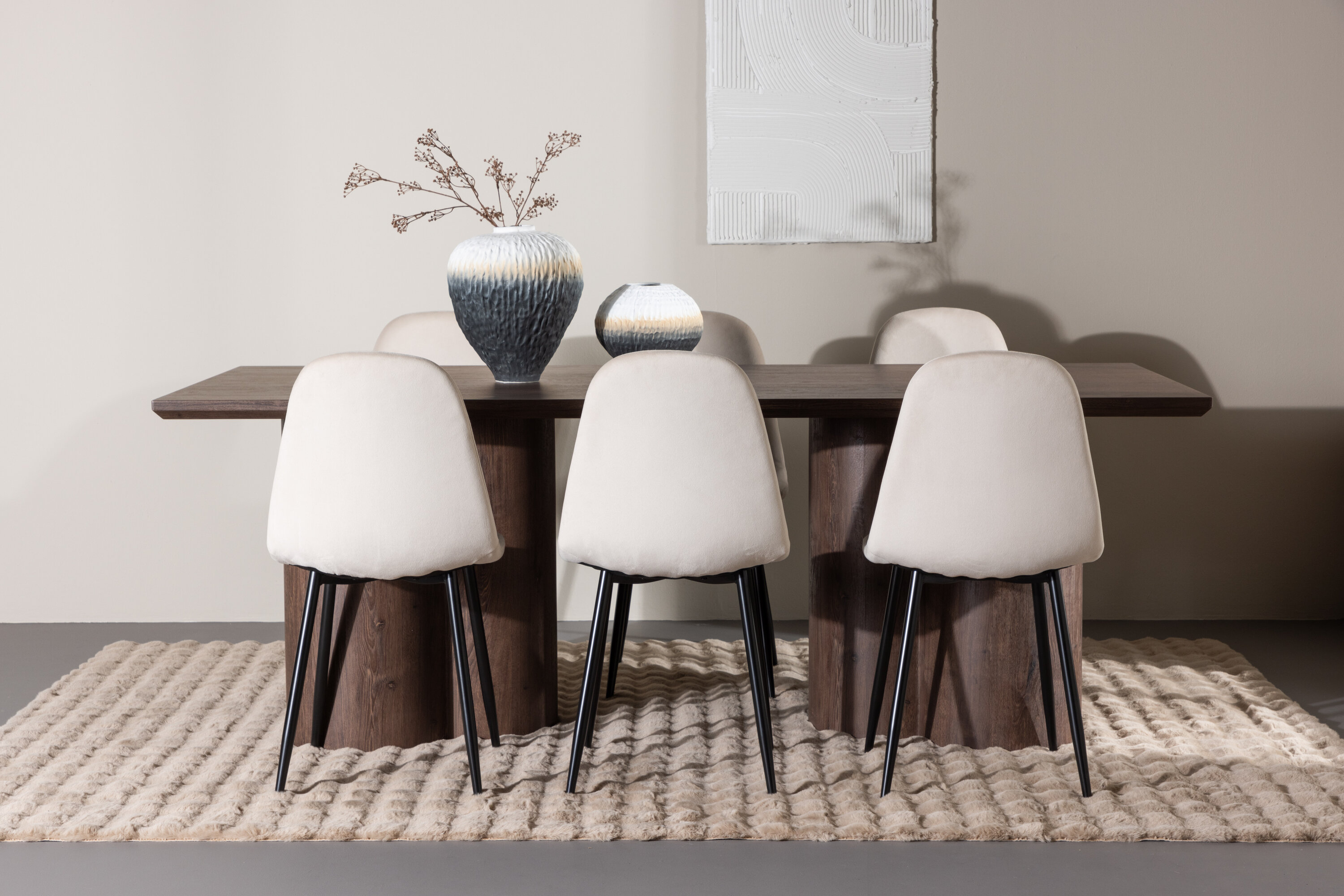 Olivia, Polar ensemble repas rectangulaire moka, beige, noir en situation dans une pièce décorée