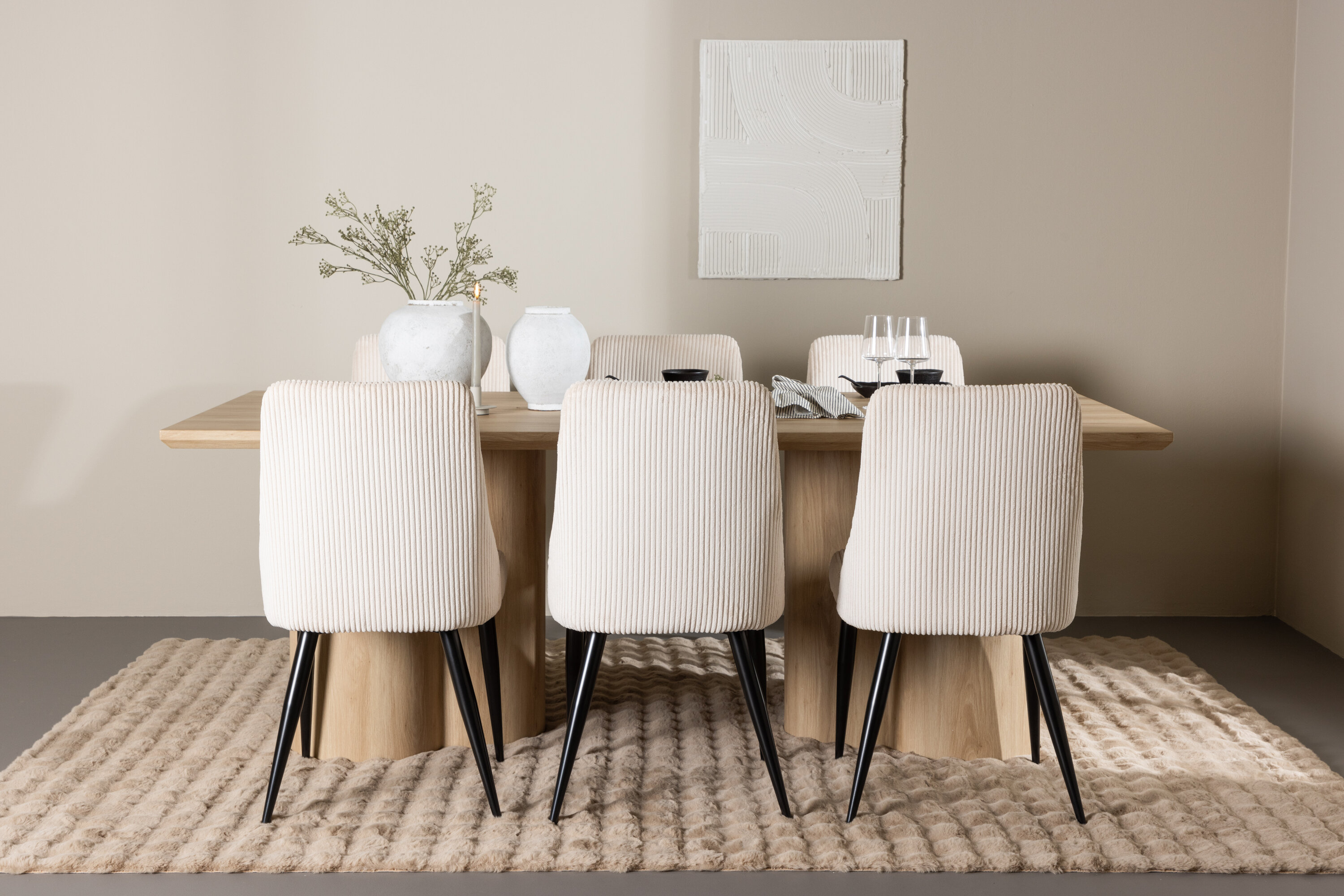 Olivia, Leone ensemble repas rectangulaire naturel, beige, noir en situation dans une pièce décorée