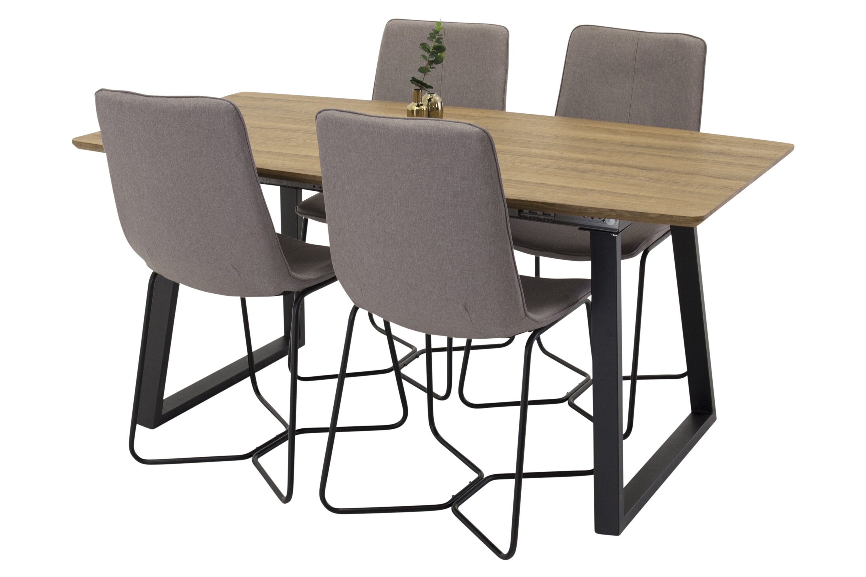 Inca, X ensemble repas rectangulaire naturel, noir, gris, noyer Table : 75,5 x 160 x 85 Chaise : 61 x 93 x 53 cm sur fond clair