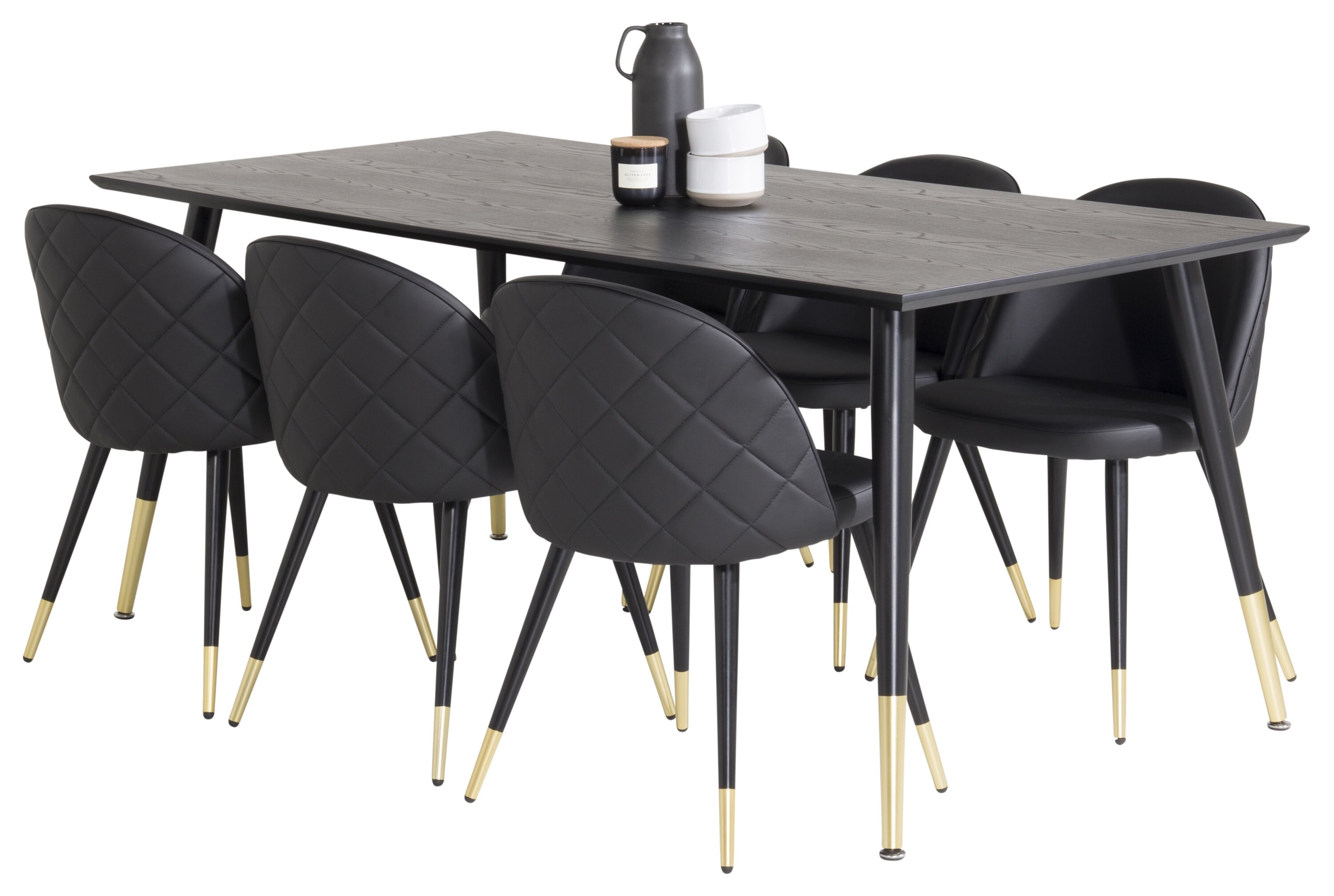 Détail du ensemble repas rectangulaire Dipp, Velvet noir, doré Table : 75 x 180 x 90 Chaise : 57 x 76,5 x 50 cm