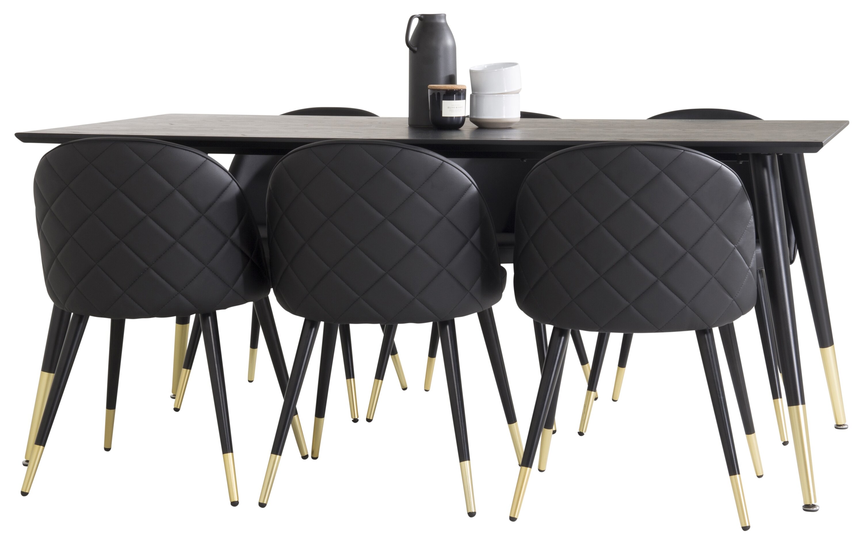 Détail du ensemble repas rectangulaire Dipp, Velvet noir, doré Table : 75 x 180 x 90 Chaise : 57 x 76,5 x 50 cm