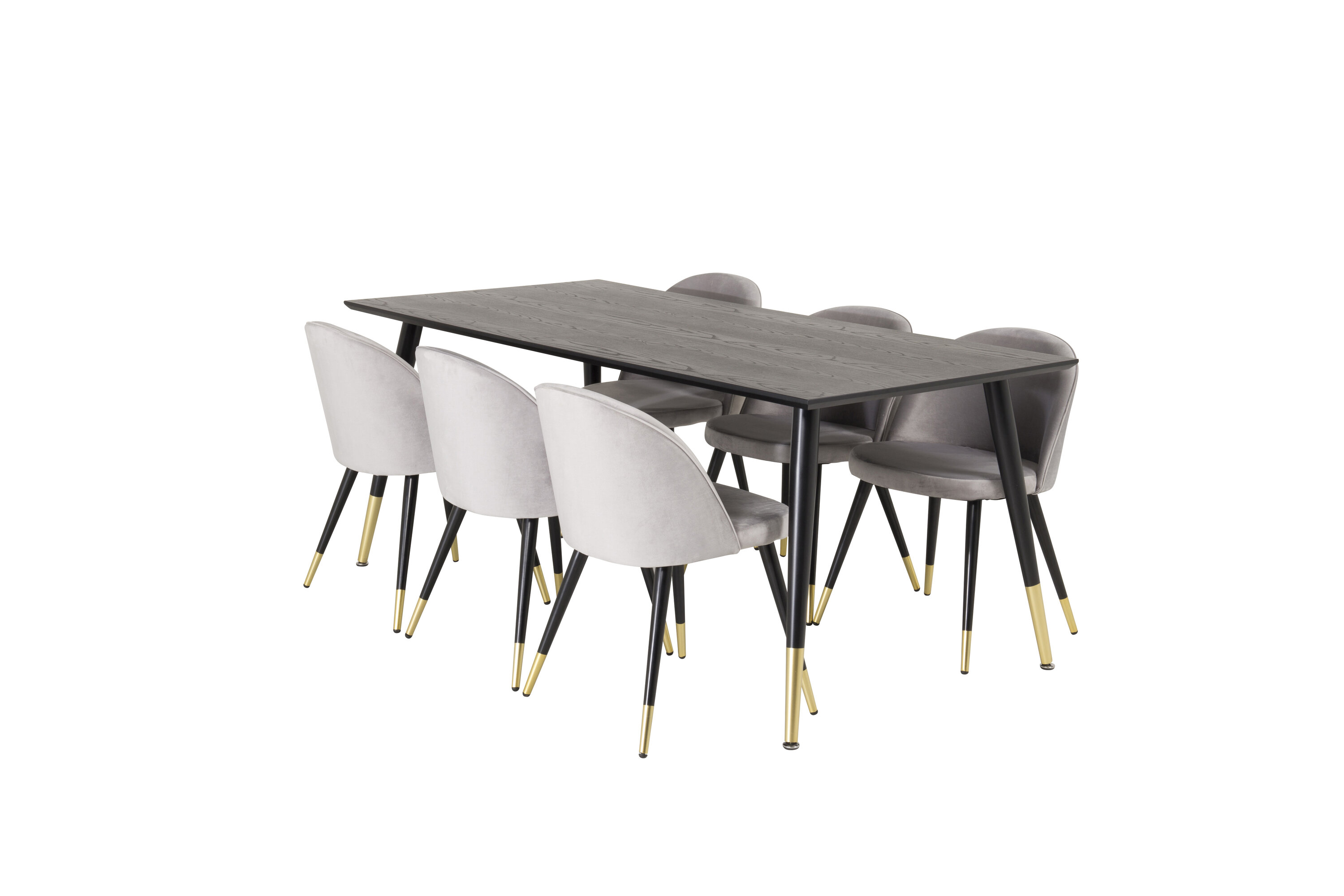 Détail du ensemble repas rectangulaire Dipp, Velvet noir, doré, gris Table : 75 x 180 x 90 Chaise : 57 x 76,5 x 50 cm