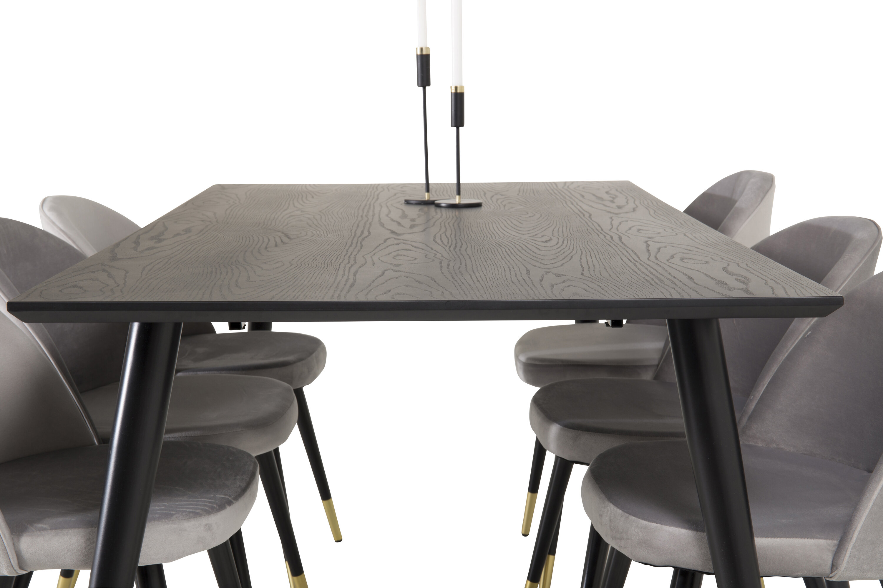 Détail du ensemble repas rectangulaire Dipp, Velvet noir, doré, gris Table : 75 x 180 x 90 Chaise : 57 x 76,5 x 50 cm