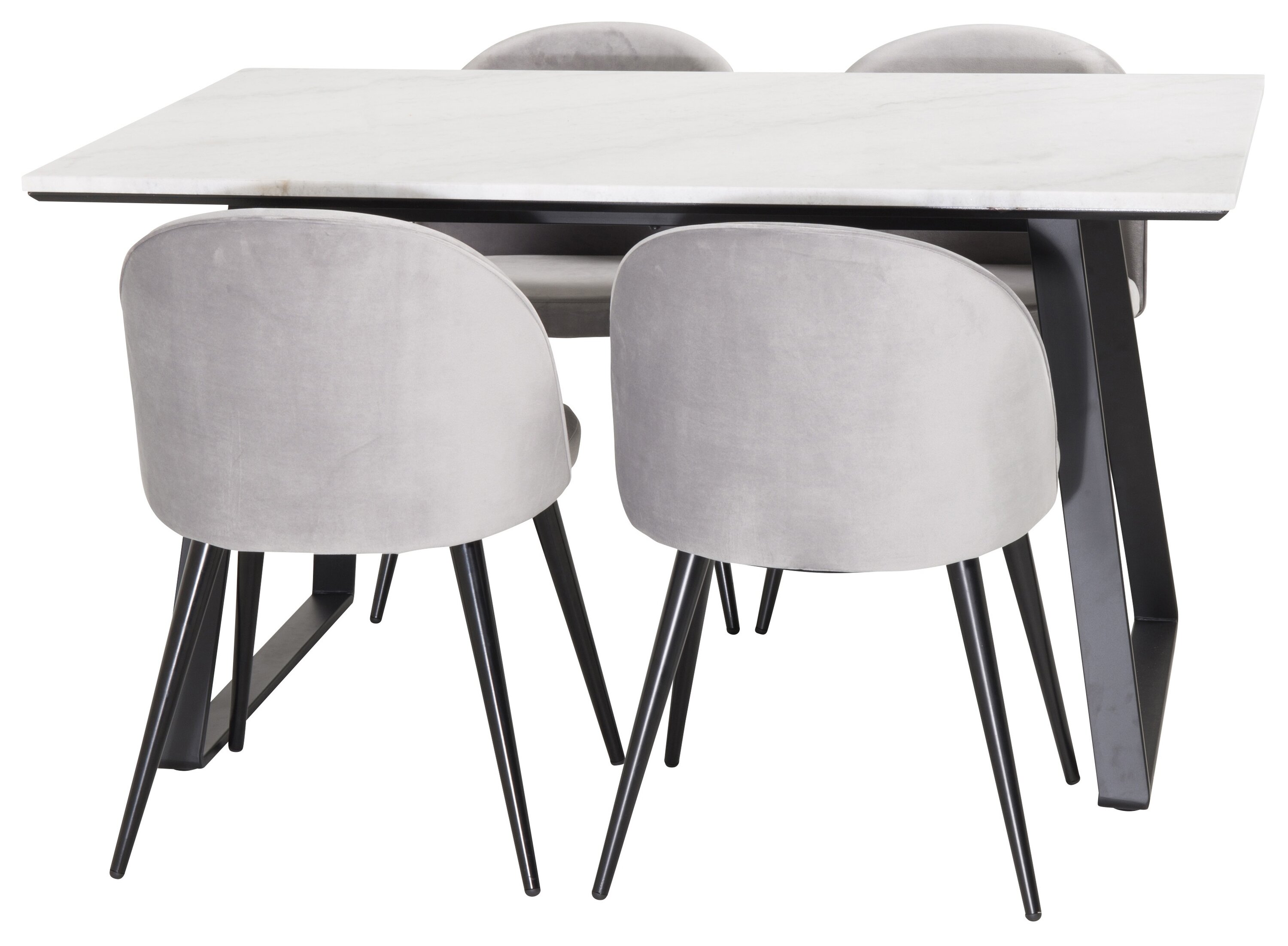 Détail du ensemble repas rectangulaire Estelle, Velvet blanc, noir, gris Table : 74,5 x 140 x 90 Chaise : 57 x 76,5 x 50 cm