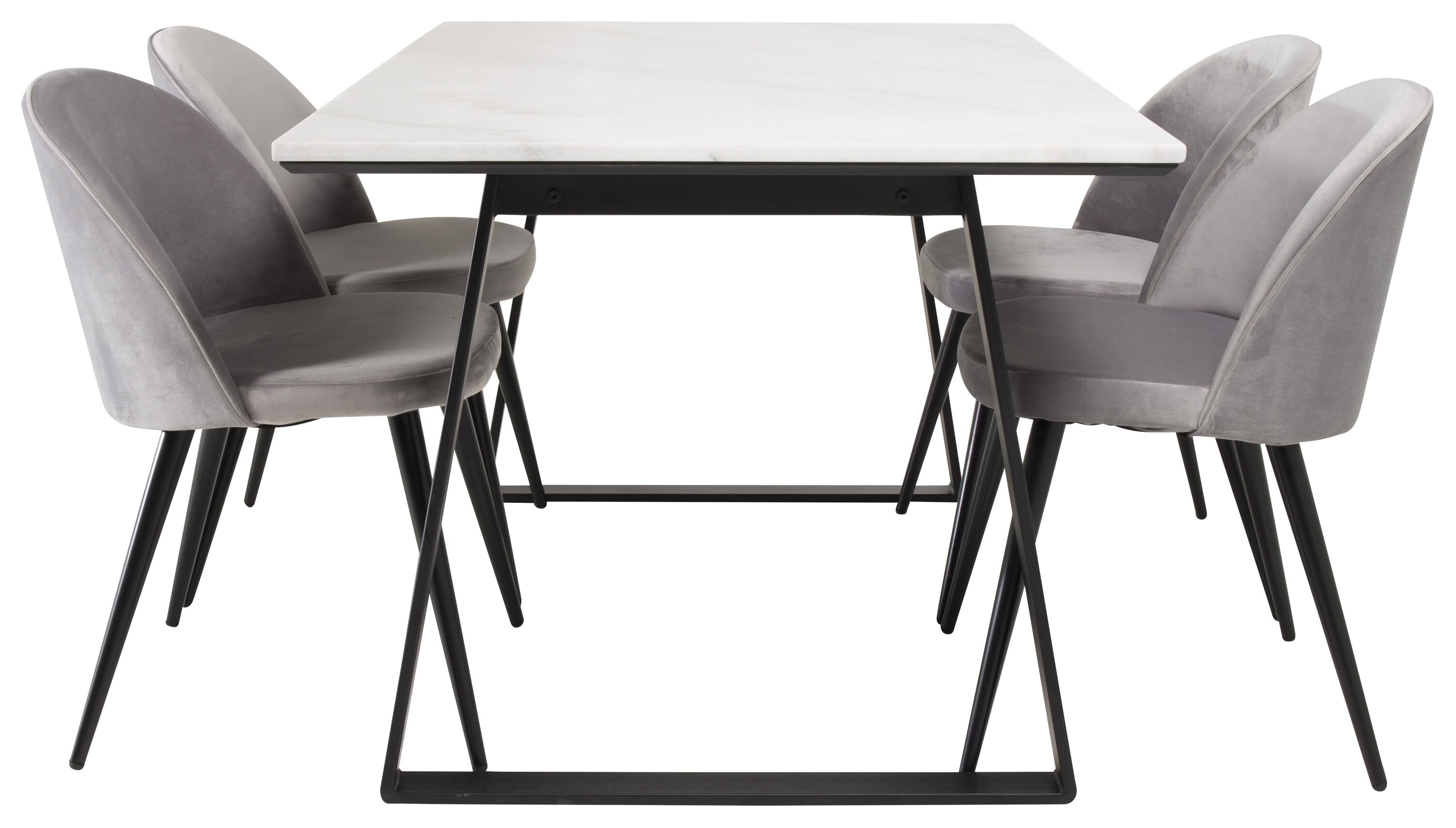 Détail du ensemble repas rectangulaire Estelle, Velvet blanc, noir, gris Table : 74,5 x 140 x 90 Chaise : 57 x 76,5 x 50 cm