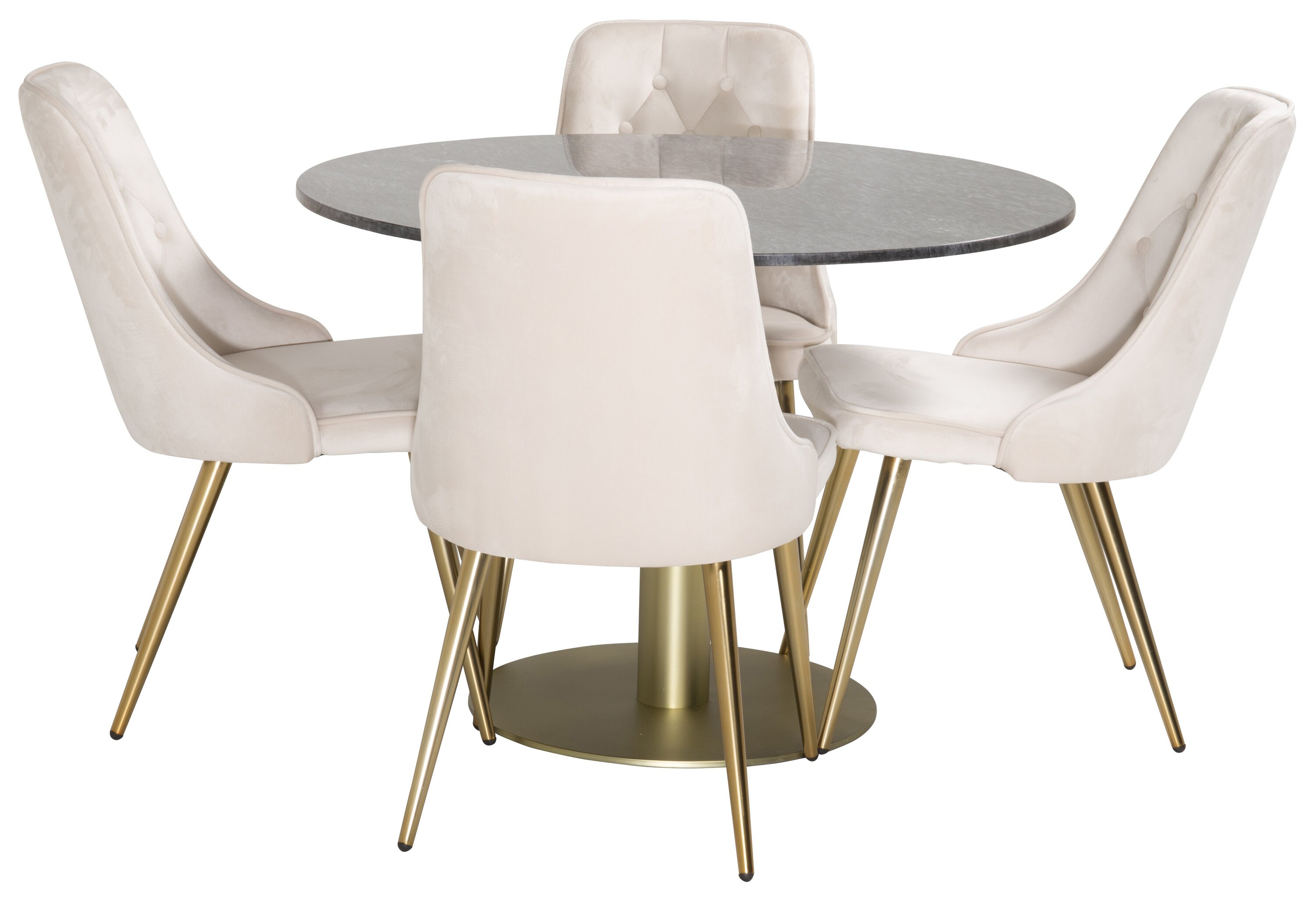 Détail du ensemble repas rond Estelle, Velvet Deluxe gris foncé, beige, doré Table : ⌀106 Chaise : 66 x 88,5 x 50 cm