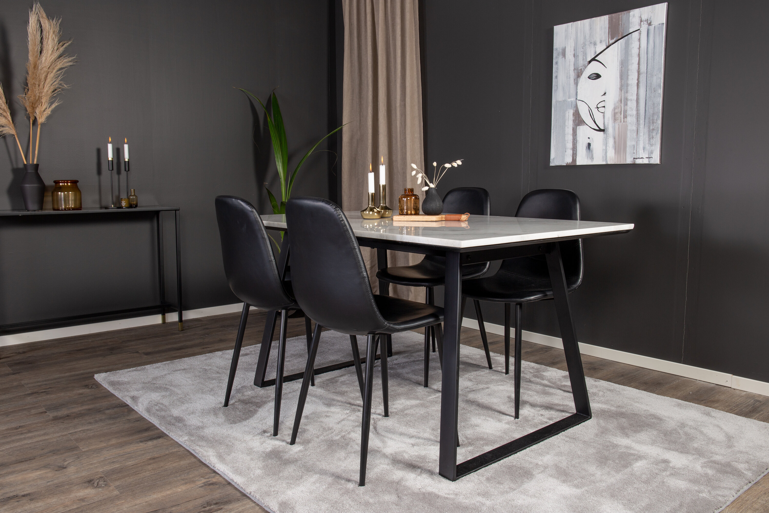 Détail du ensemble repas rectangulaire Estelle, Polar blanc, noir Table : 74,5 x 140 x 90 Chaise : 43 x 85,3 x 43,5 cm