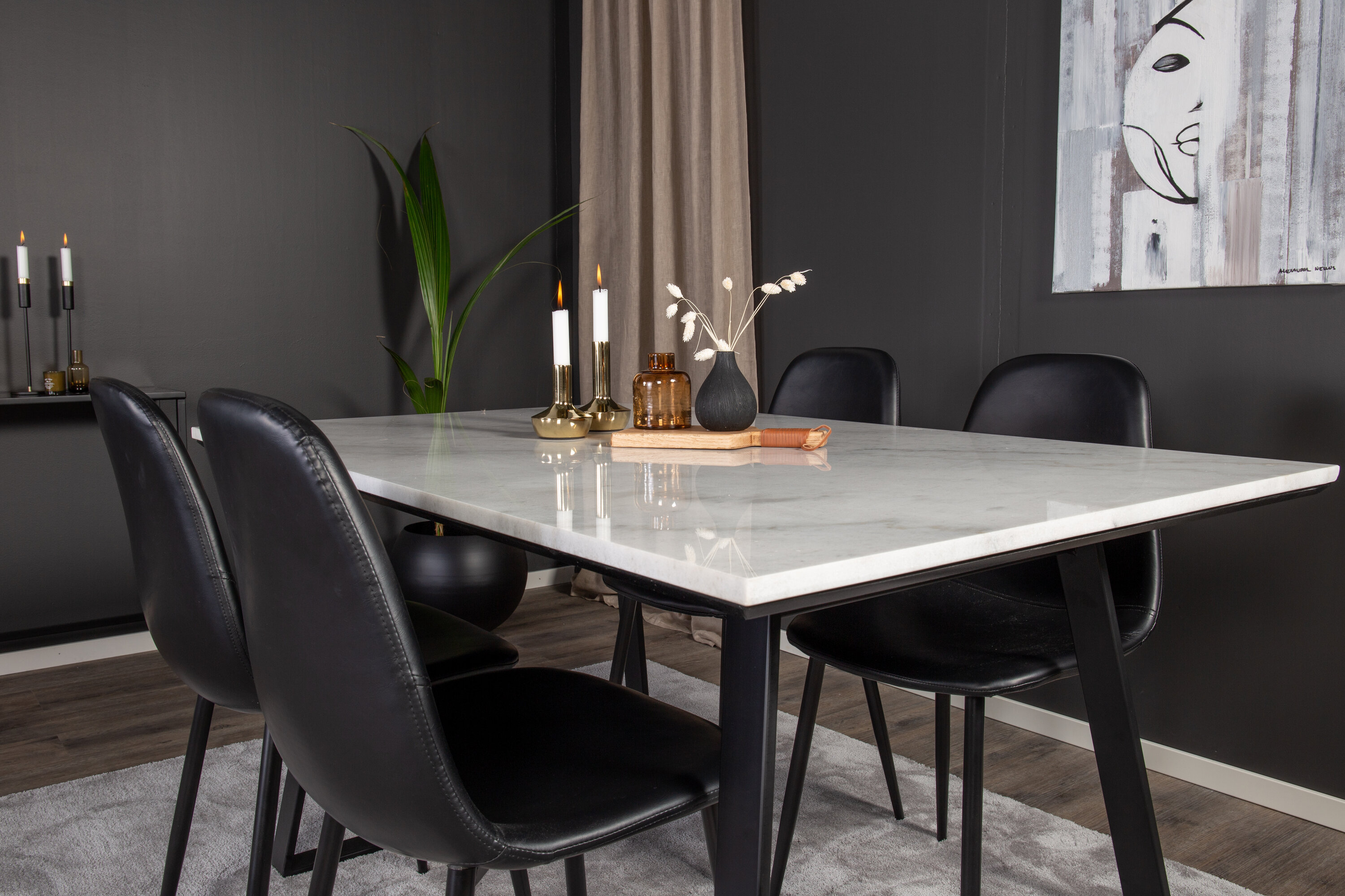 Détail du ensemble repas rectangulaire Estelle, Polar blanc, noir Table : 74,5 x 140 x 90 Chaise : 43 x 85,3 x 43,5 cm