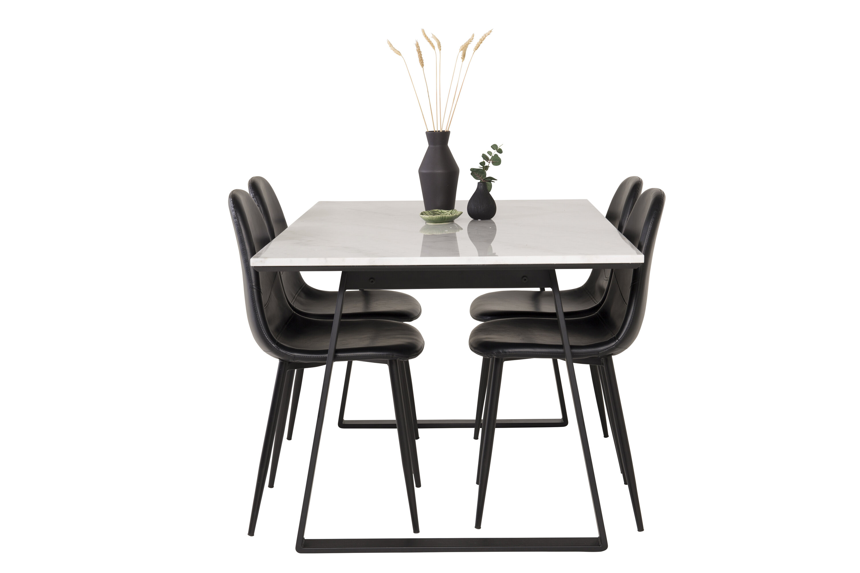 Détail du ensemble repas rectangulaire Estelle, Polar blanc, noir Table : 74,5 x 140 x 90 Chaise : 43 x 85,3 x 43,5 cm